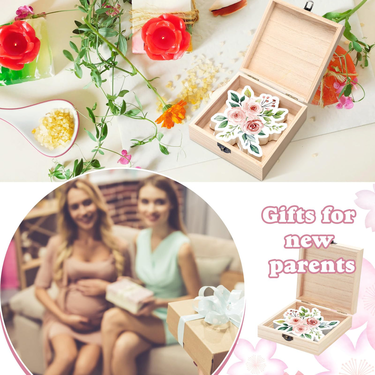 RattanView 50 Pcs Double-Side Baby Prediction & Advice Cards with Wooden Keepsake Box