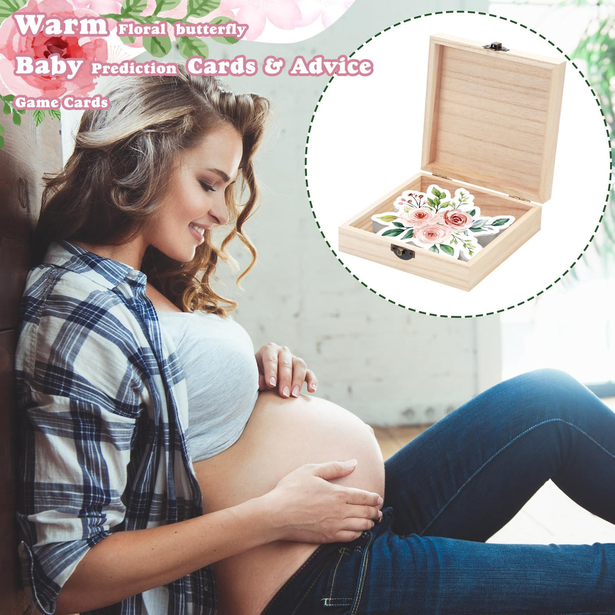RattanView 50 Pcs Double-Side Baby Prediction & Advice Cards with Wooden Keepsake Box
