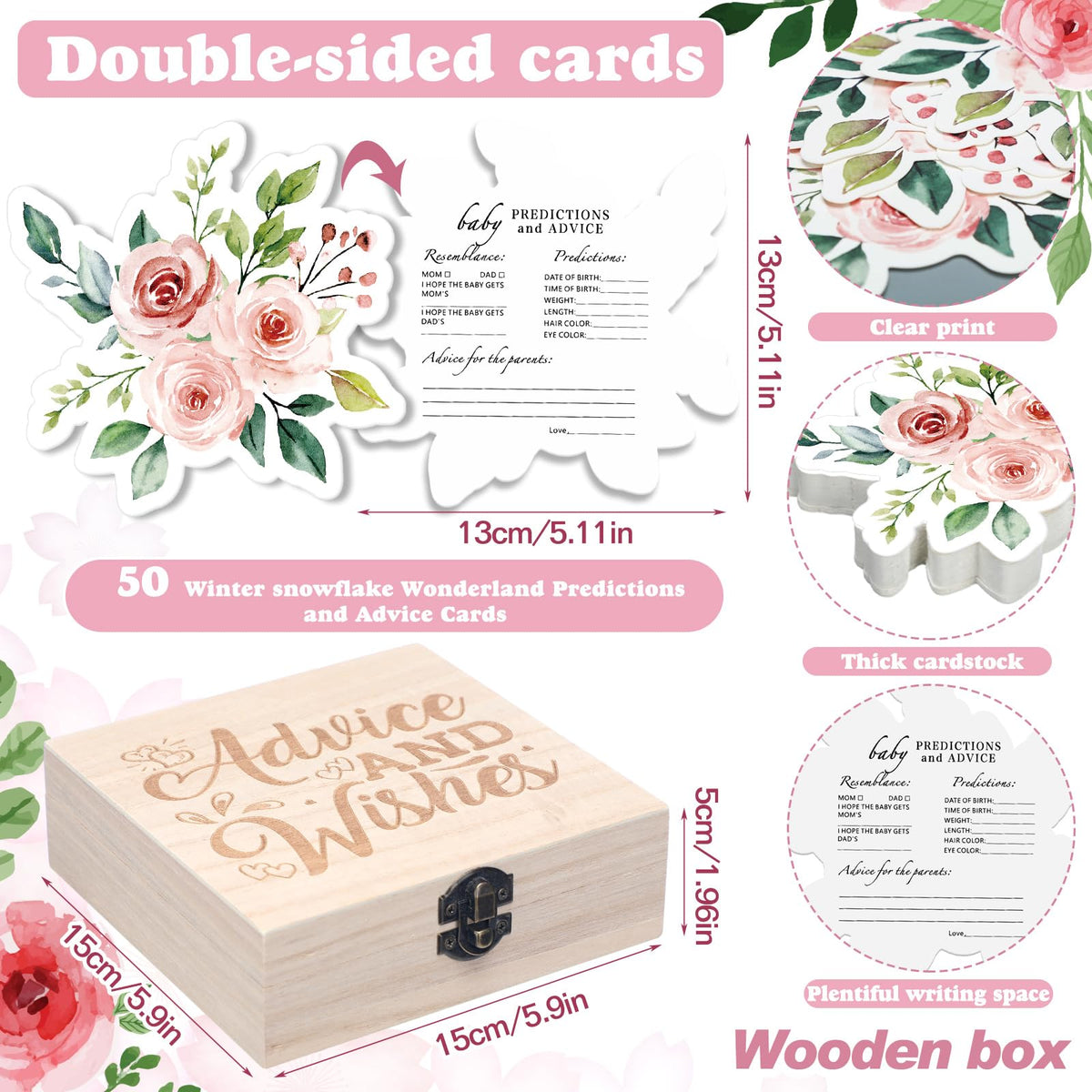 RattanView 50 Pcs Double-Side Baby Prediction & Advice Cards with Wooden Keepsake Box