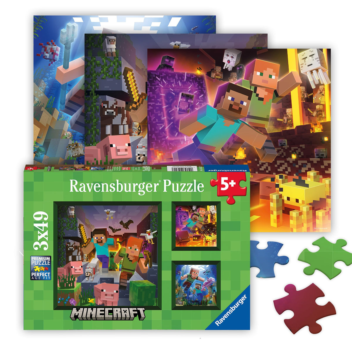 Ravensburger Minecraft Biomes 49-Piece Jigsaw Puzzle 3-Pack – Forests, Oceans & Nether