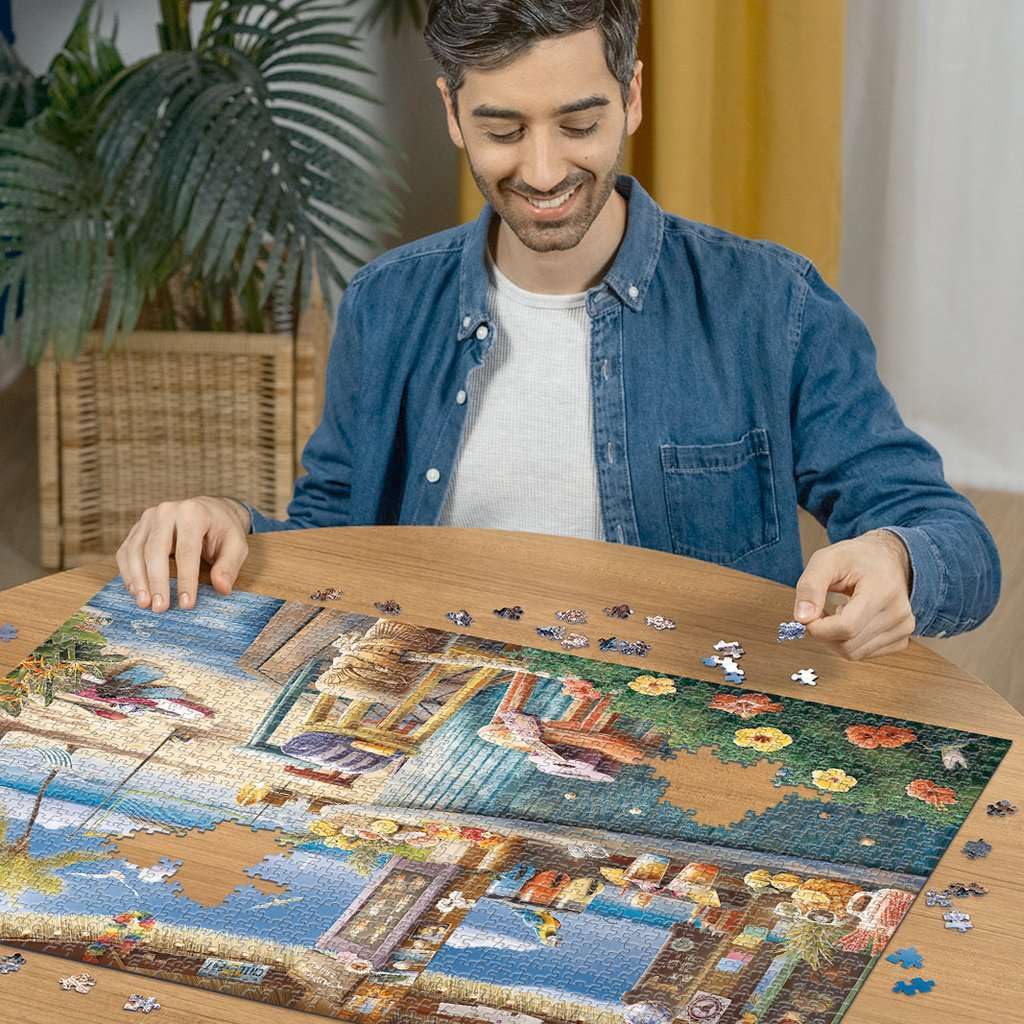 Ravensburger Beach Bar Breezes 1500-Piece Puzzle | Vivid Tiki Bar on the Beach
