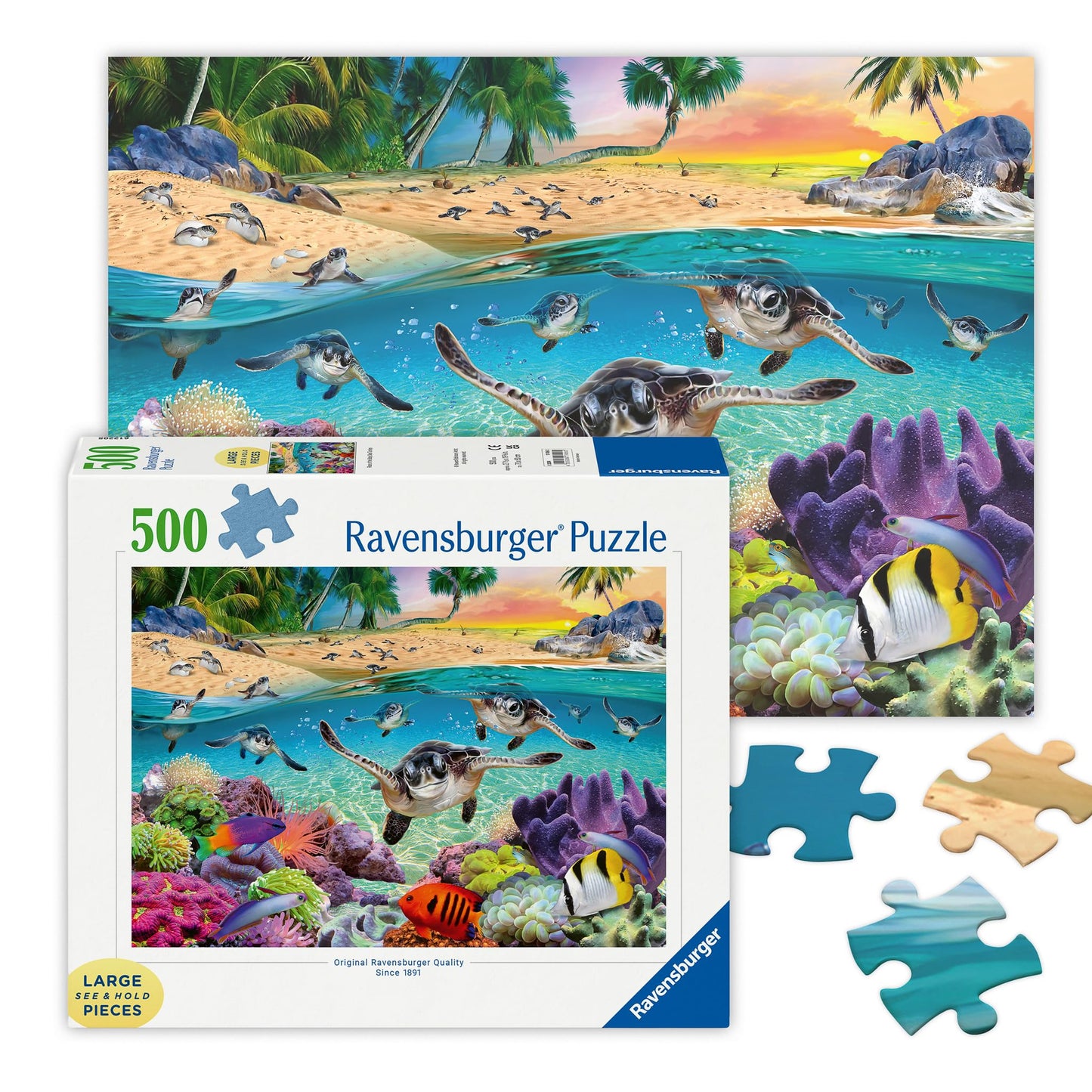 Ravensburger Race of the Baby Sea Turtles — 500-Piece Large-Format Jigsaw Puzzle for Adults | Stunning Undersea Imagery