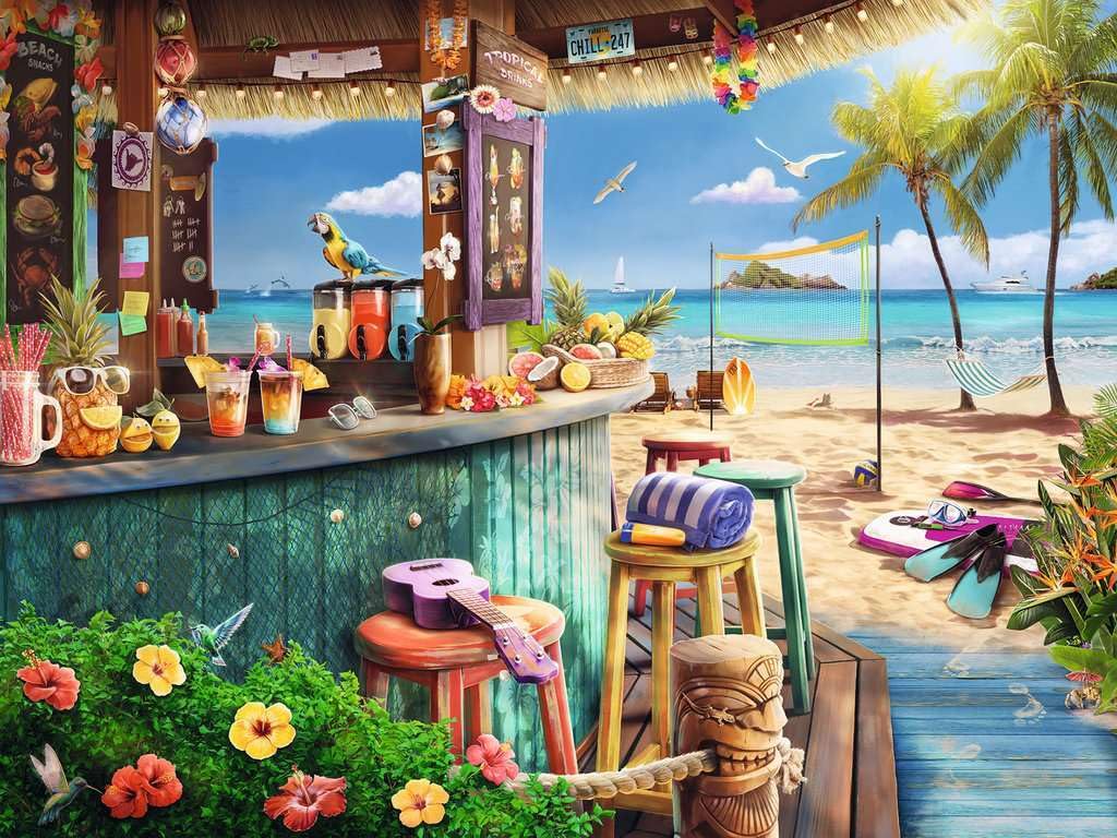 Ravensburger Beach Bar Breezes 1500-Piece Puzzle | Vivid Tiki Bar on the Beach