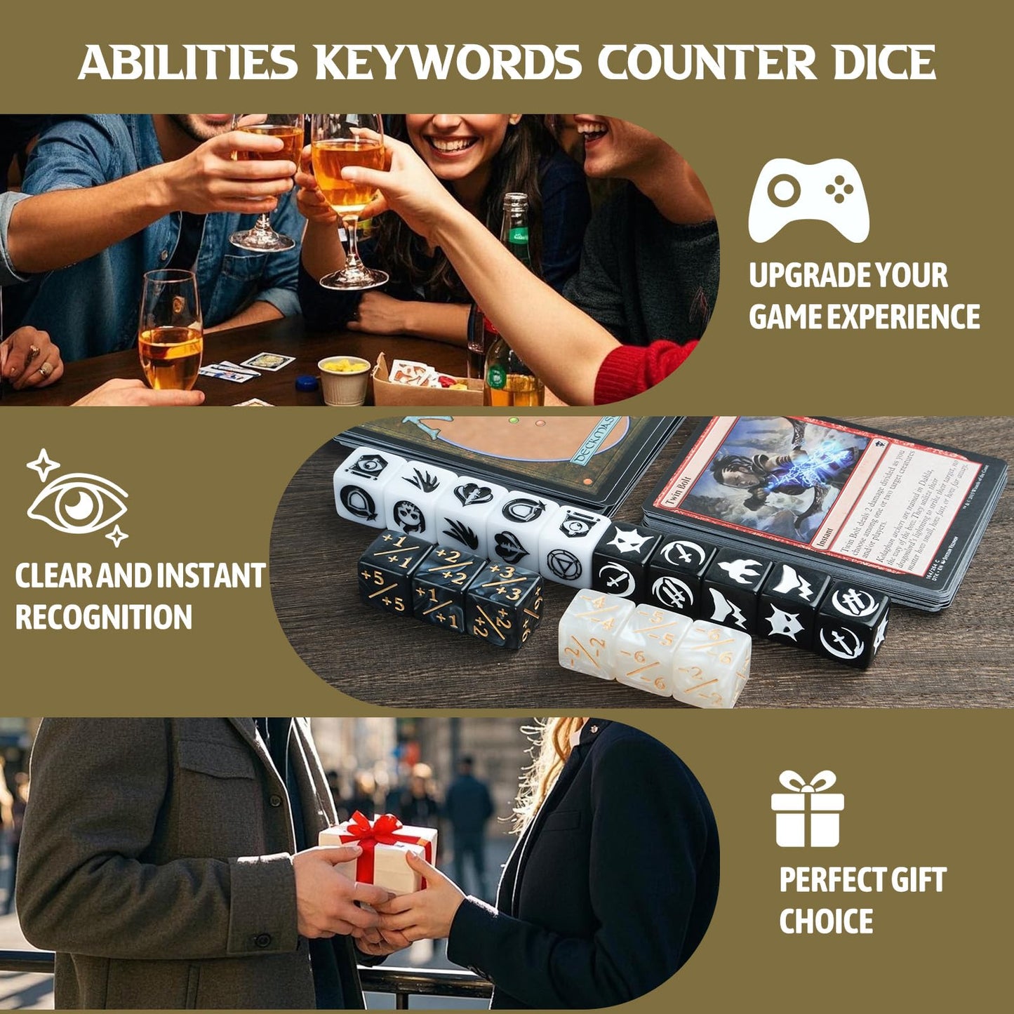 Ravonixis 48-Piece MTG Keywords Dice Set | Pattern Dice for Lifelink, Flying, Haste