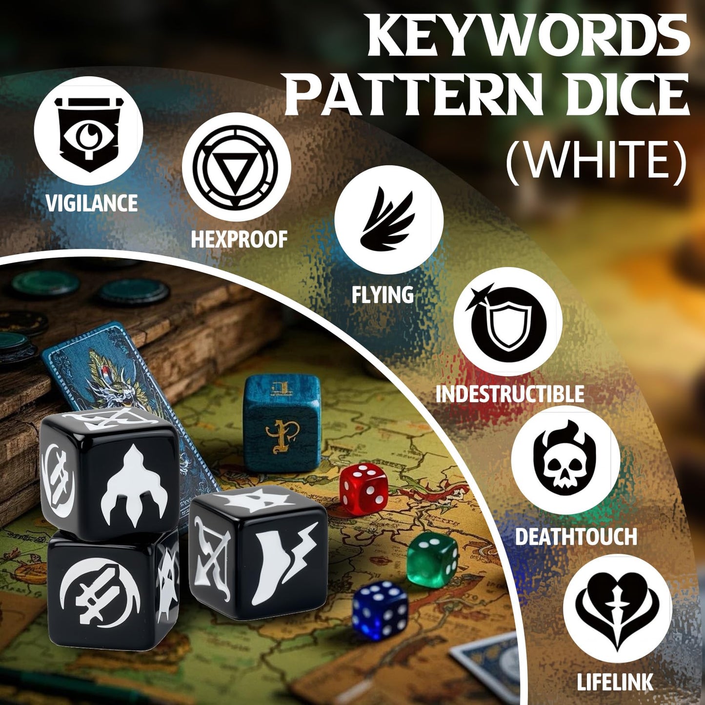 Ravonixis 48-Piece MTG Keywords Dice Set | Pattern Dice for Lifelink, Flying, Haste