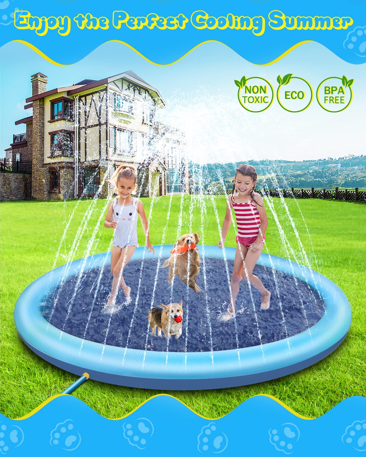 Raxurt 87in Anti-Slip Dog Splash Pad | 0.55mm Thick Durable PVC Water Play Mat
