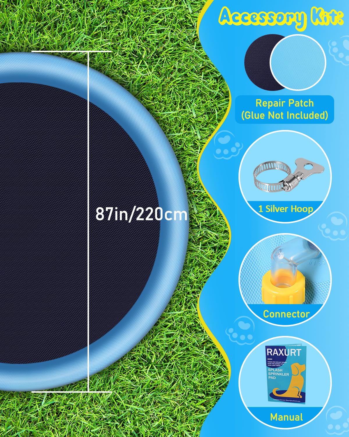 Raxurt 87in Anti-Slip Dog Splash Pad | 0.55mm Thick Durable PVC Water Play Mat