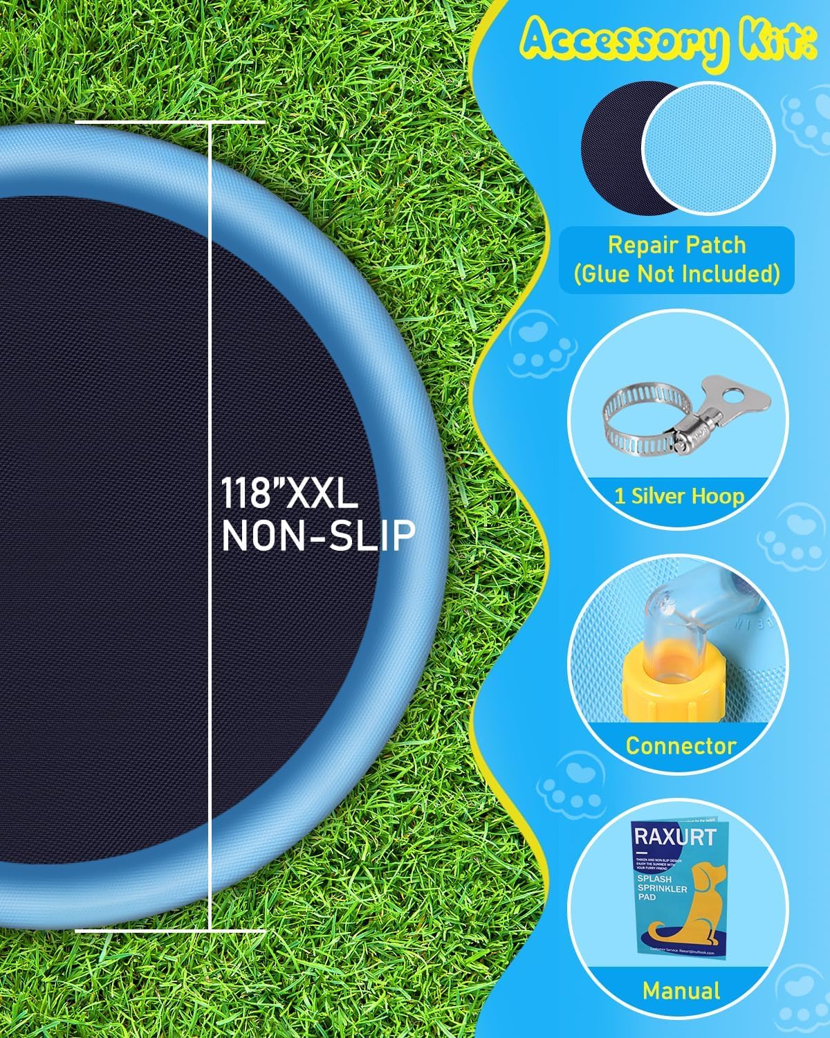 Raxurt Splash Pad 118'' – Non-Slip Kids & Dogs Pool, 0.55mm Thick