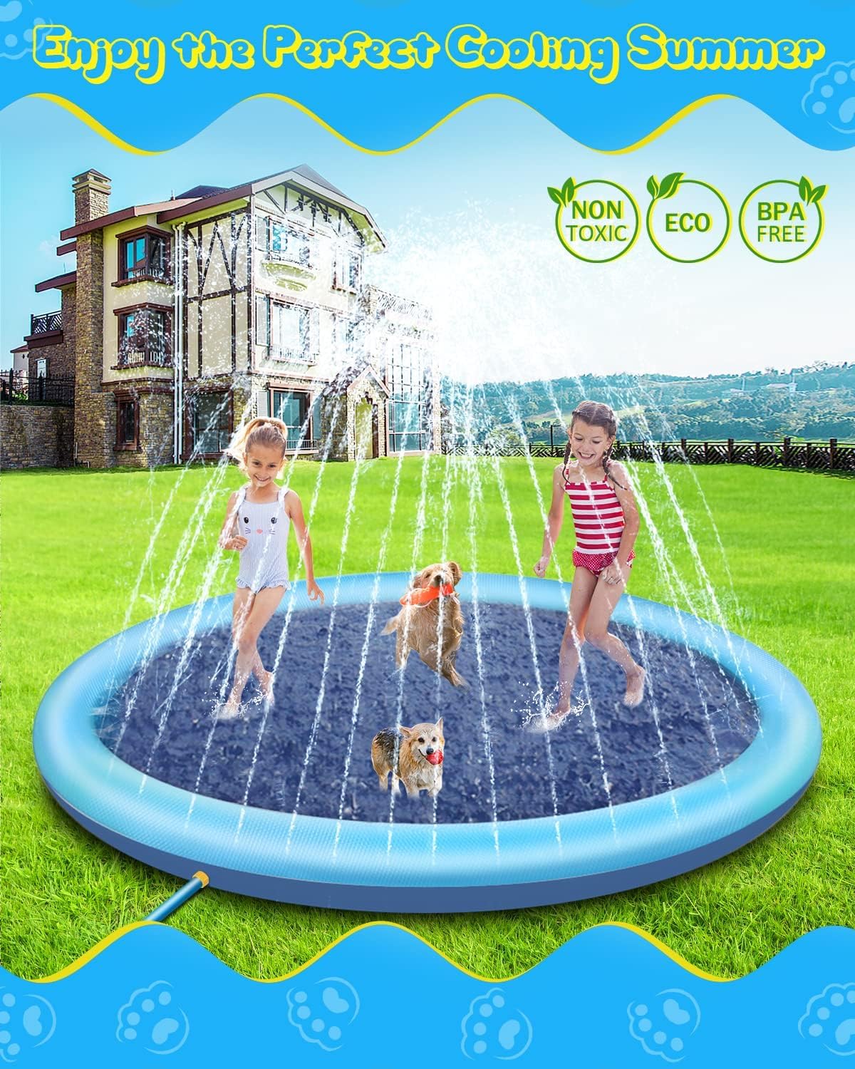 Raxurt Splash Pad 118'' – Non-Slip Kids & Dogs Pool, 0.55mm Thick
