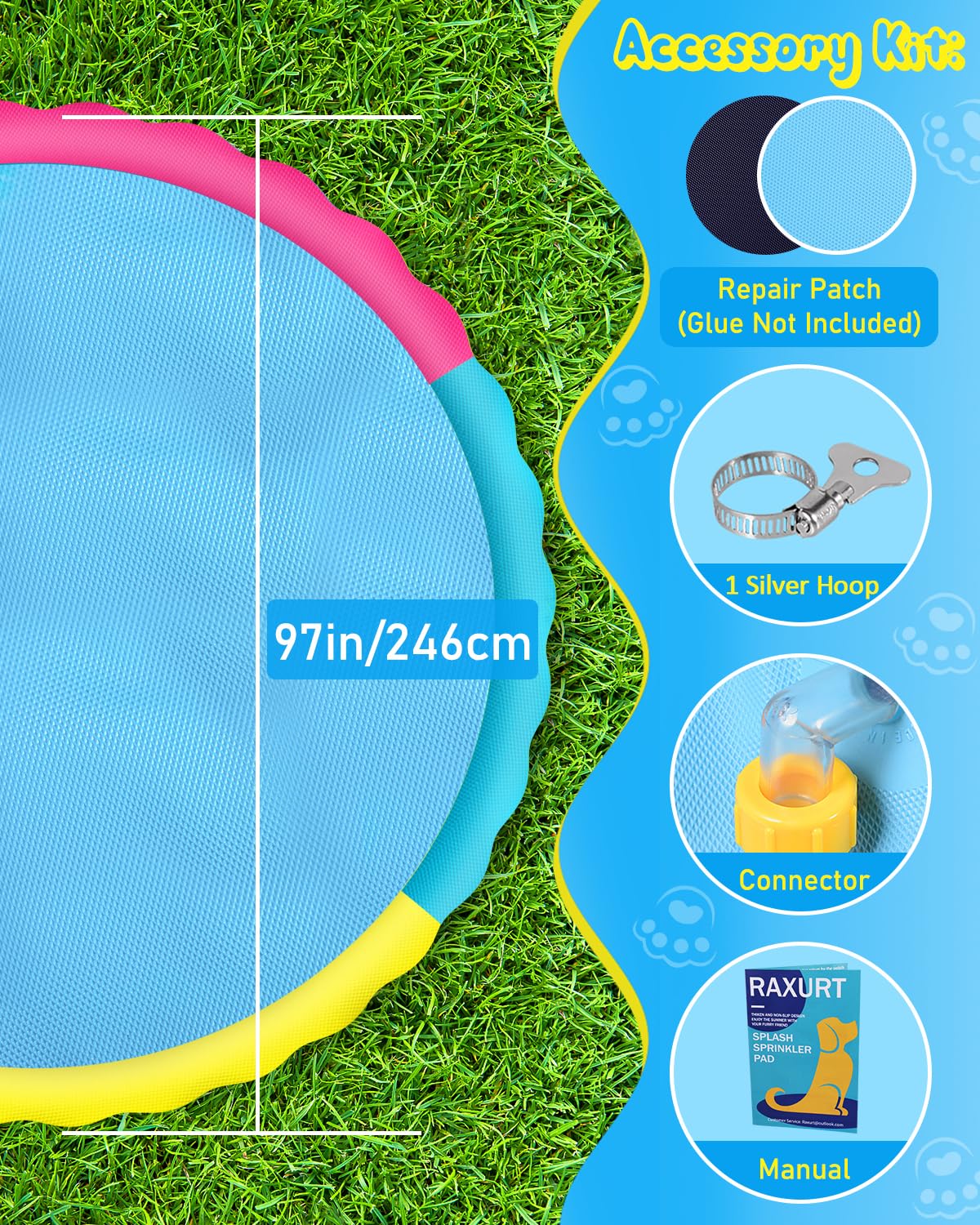Raxurt Splash Pad 97 Inch – Thickened 0.55mm PVC Dog Pool & Kids Splash Pad