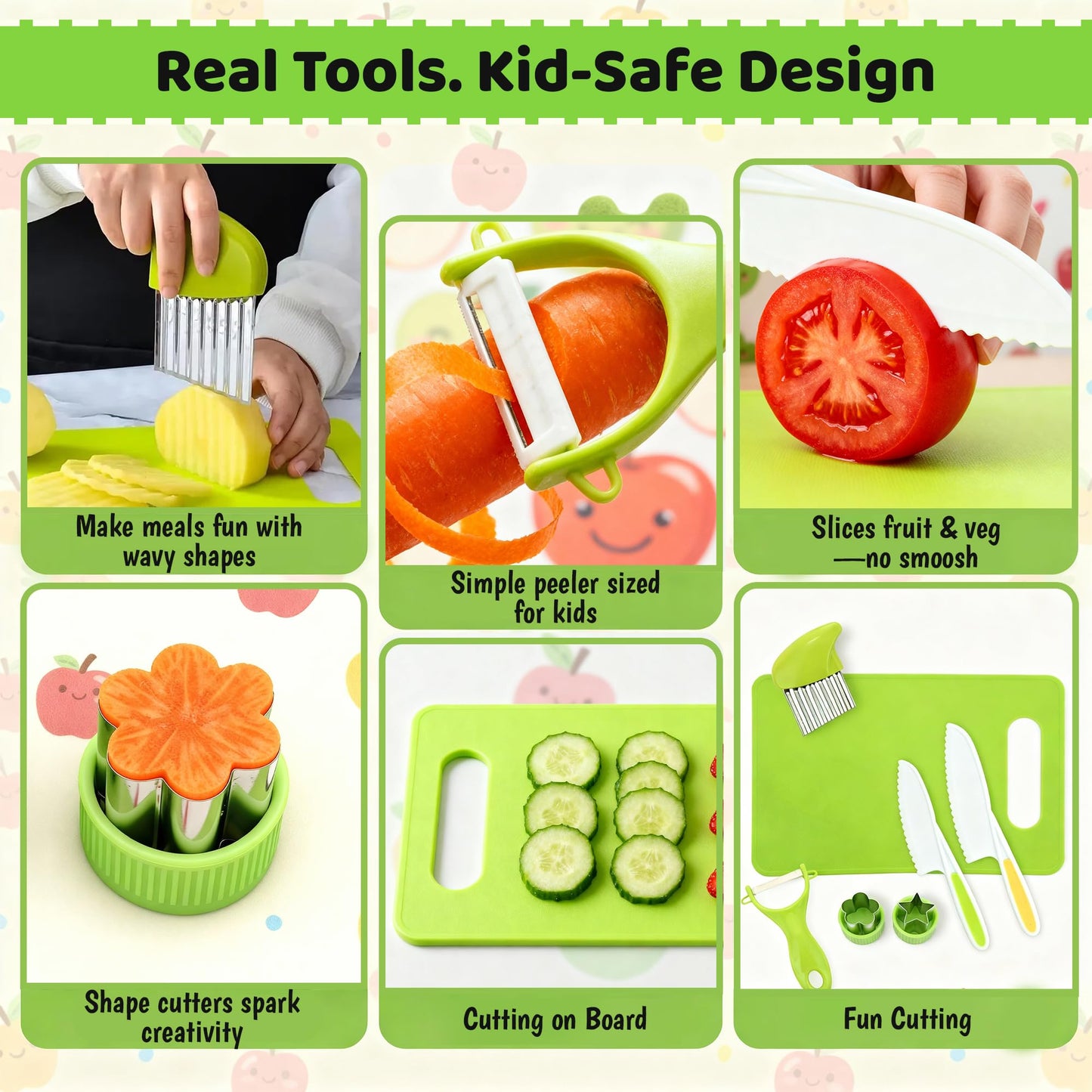 Raymeer 7-Pcs Kids Knife Set for Real Cooking — Toddler Montessori Kitchen Tools