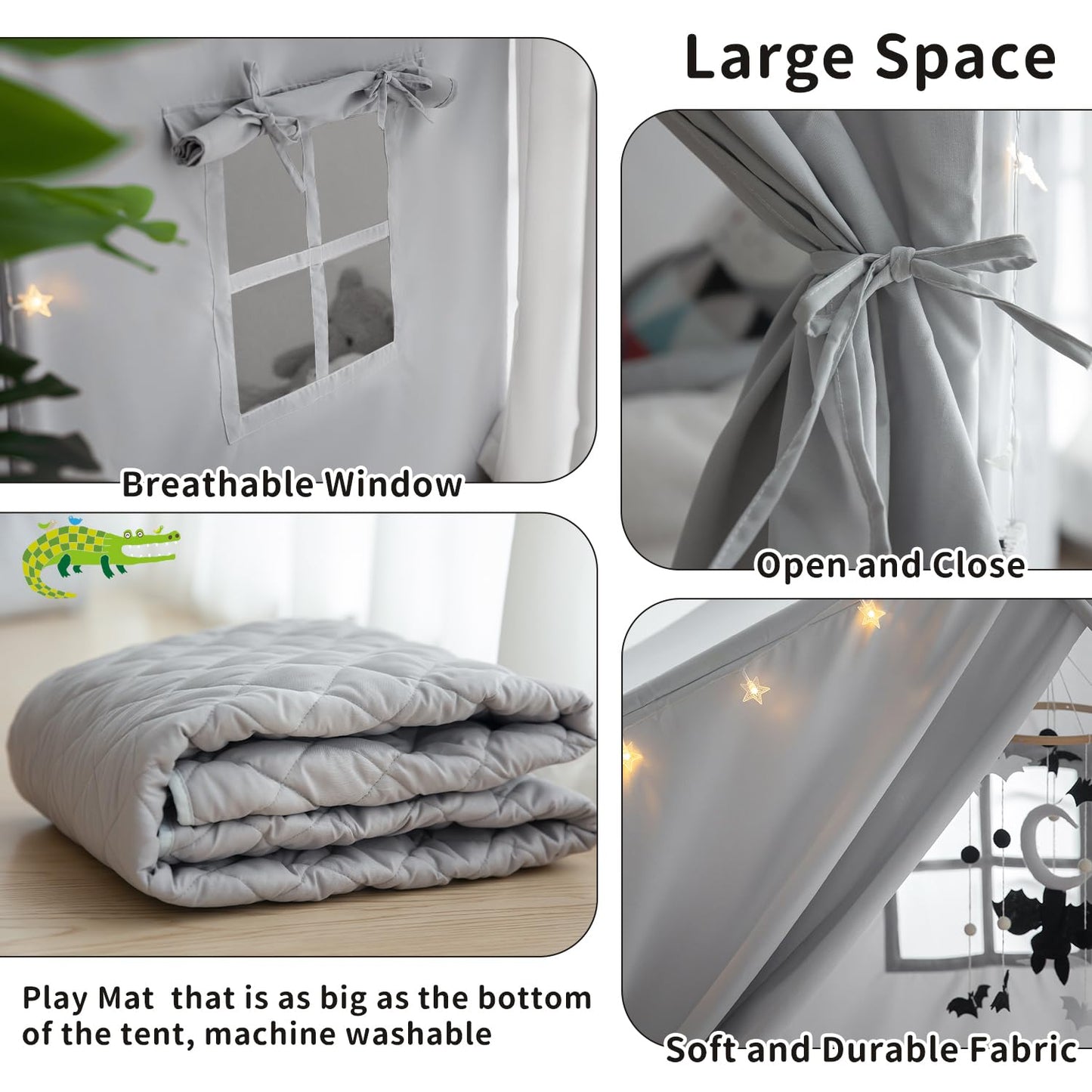 Razee Kids Play Tent Indoor – Large Grey Playhouse Tent with Padded Mat, Easy Assembly