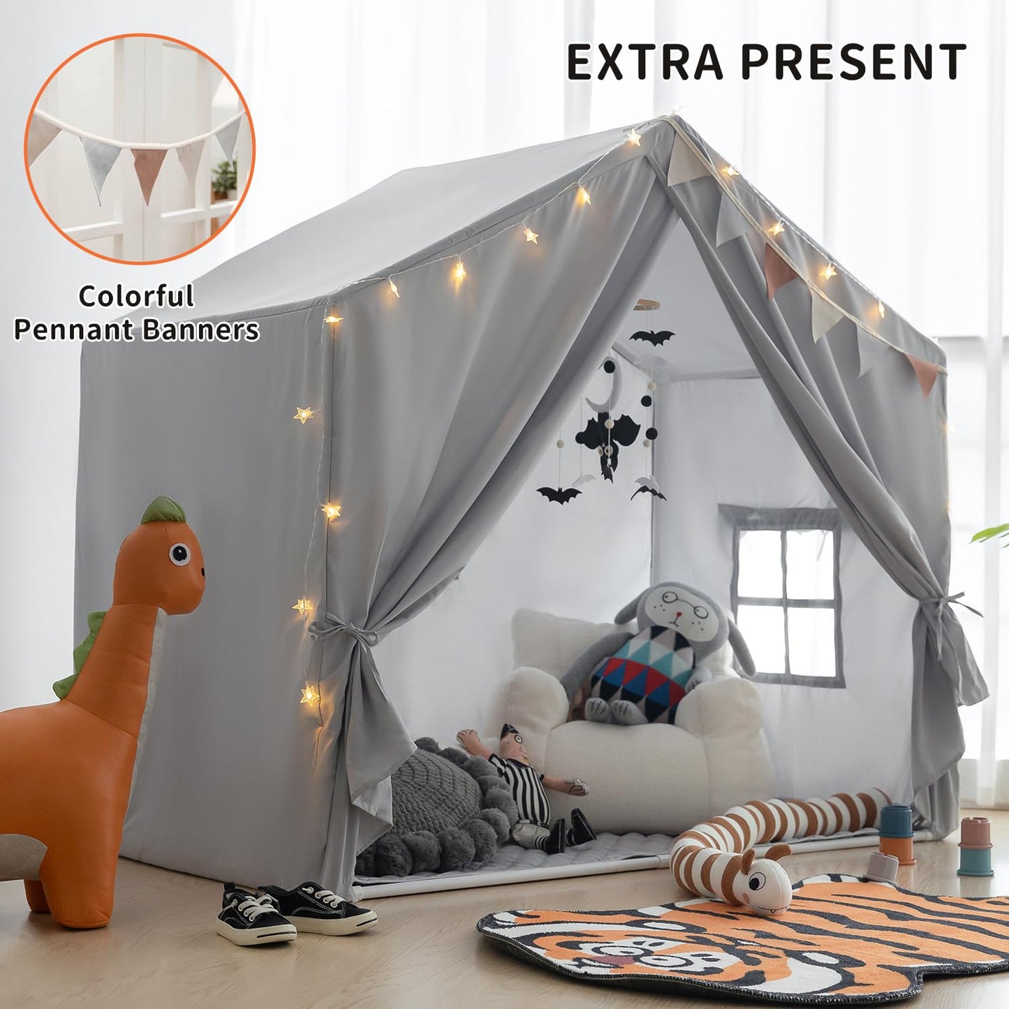 Razee Kids Play Tent Indoor – Large Grey Playhouse Tent with Padded Mat, Easy Assembly