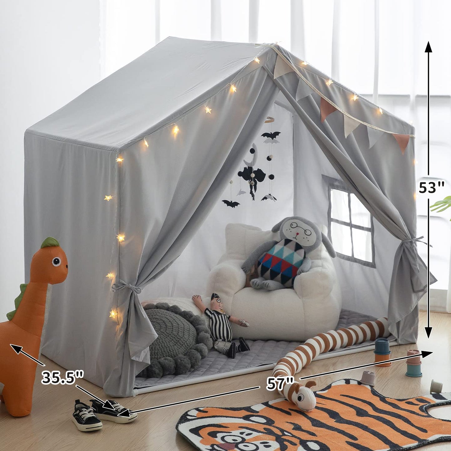 Razee Kids Play Tent Indoor – Large Grey Playhouse Tent with Padded Mat, Easy Assembly
