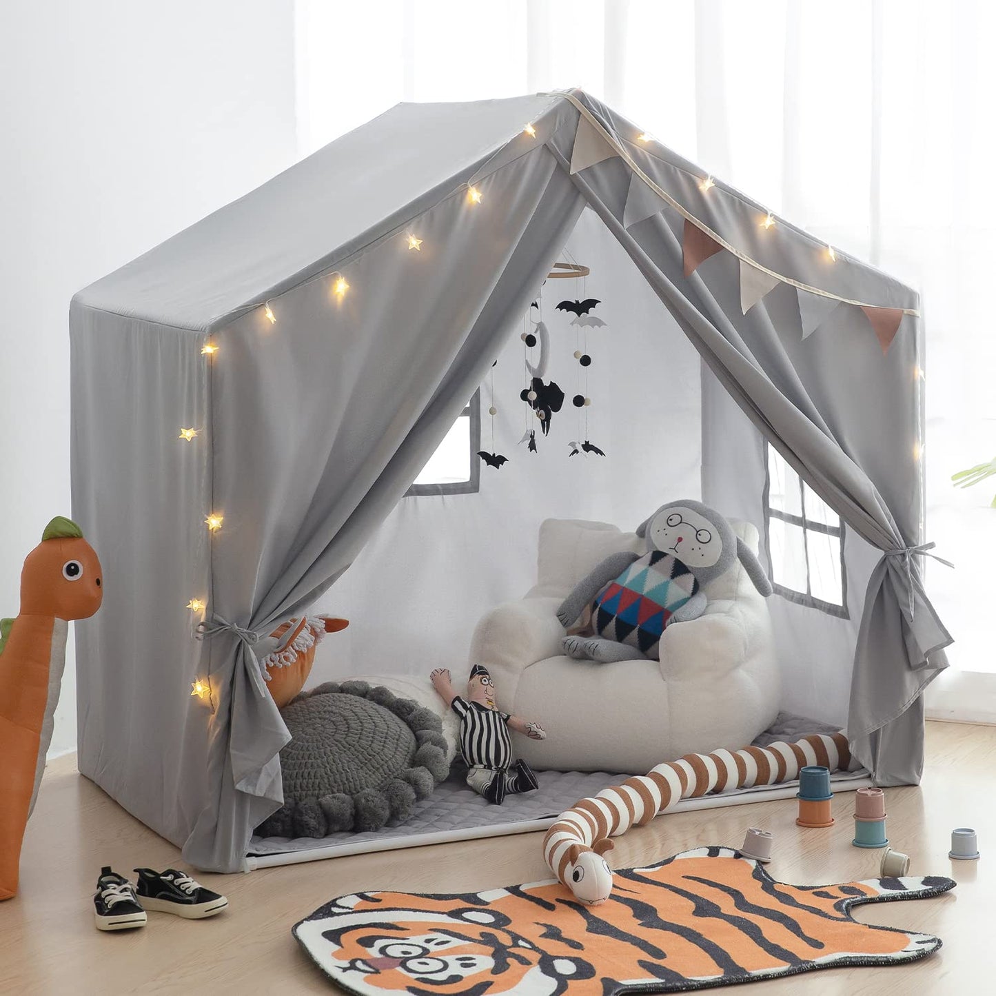 Razee Kids Play Tent Indoor – Large Grey Playhouse Tent with Padded Mat, Easy Assembly