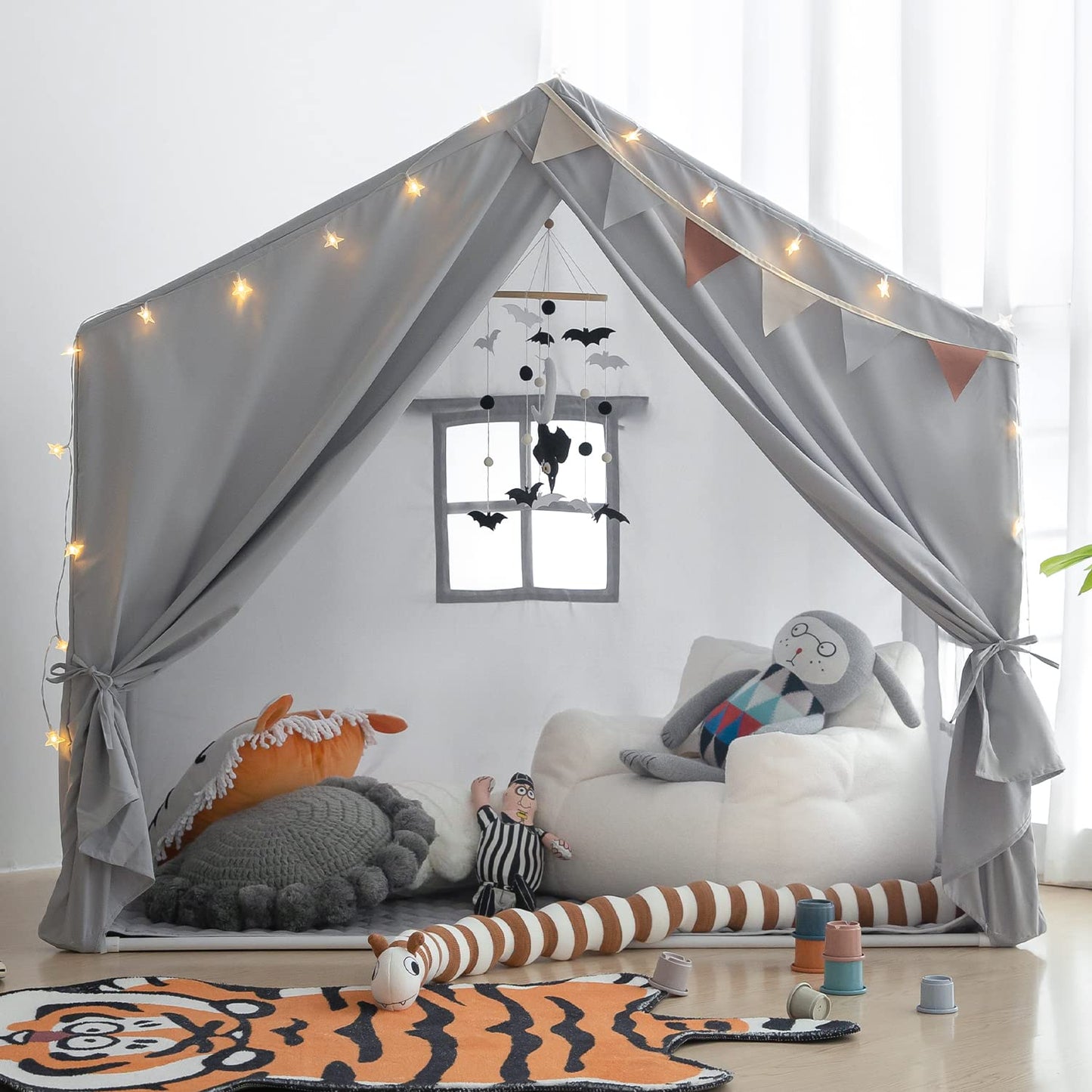 Razee Kids Play Tent Indoor – Large Grey Playhouse Tent with Padded Mat, Easy Assembly