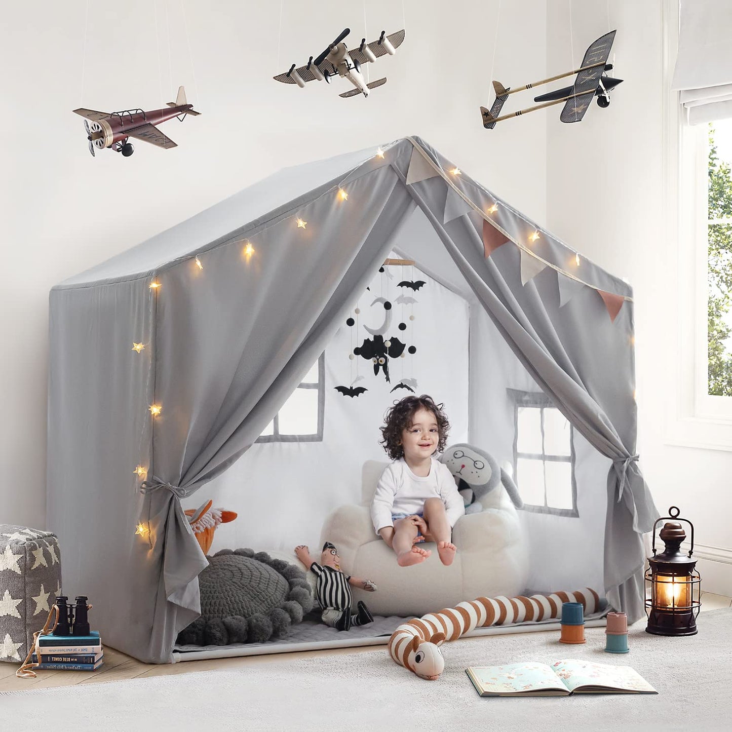 Razee Kids Play Tent Indoor – Large Grey Playhouse Tent with Padded Mat, Easy Assembly
