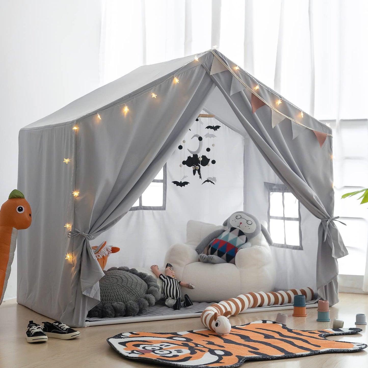 Razee Kids Play Tent Indoor – Large Grey Playhouse Tent with Padded Mat, Easy Assembly
