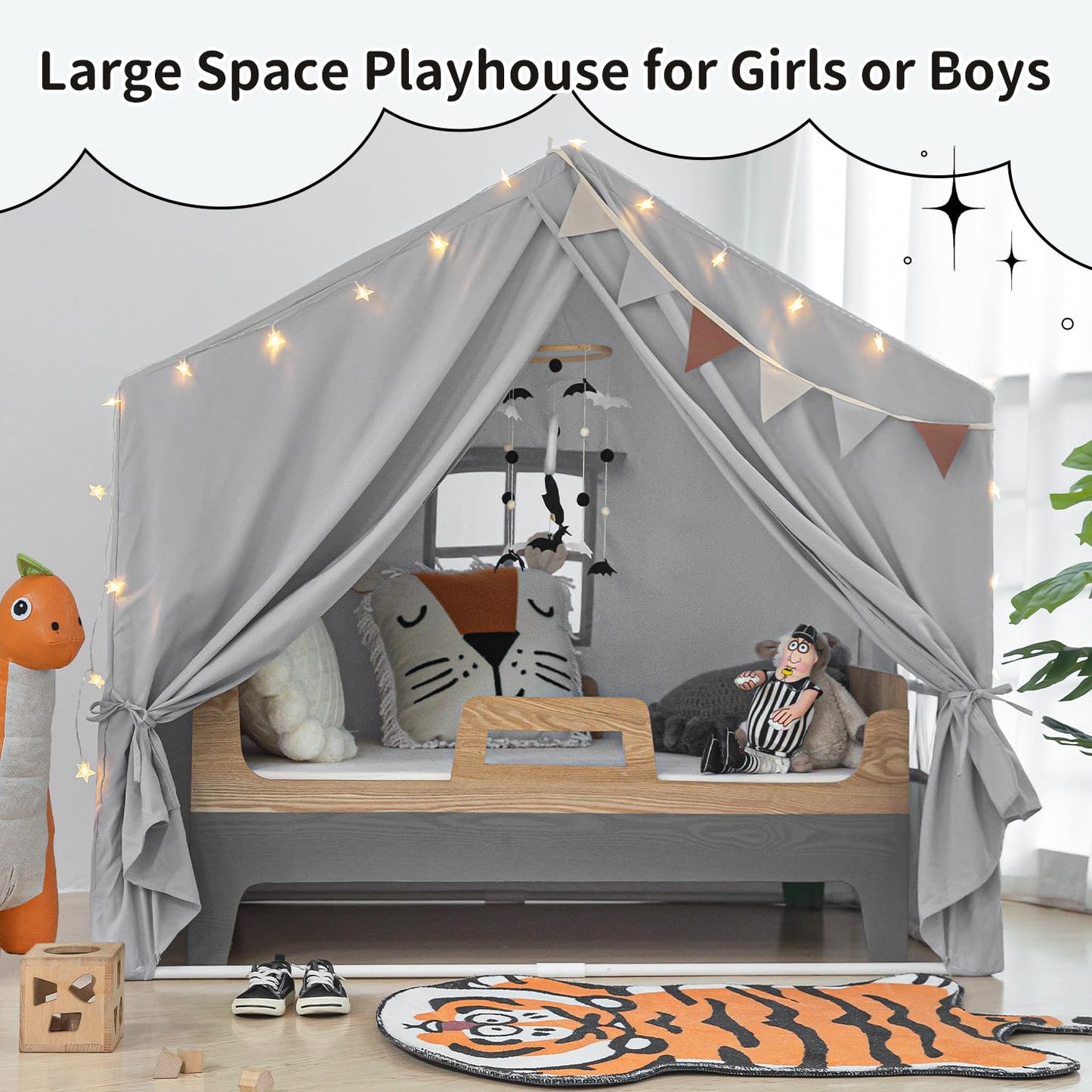 Razee Kids Play Tent Indoor – Large Grey Playhouse Tent with Padded Mat, Easy Assembly