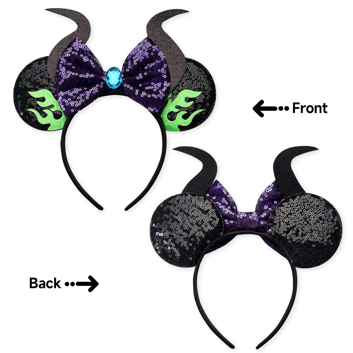 RAZKO Mouse Ears Headband – Sequin Maleficent Design, Satin-Covered Comfort