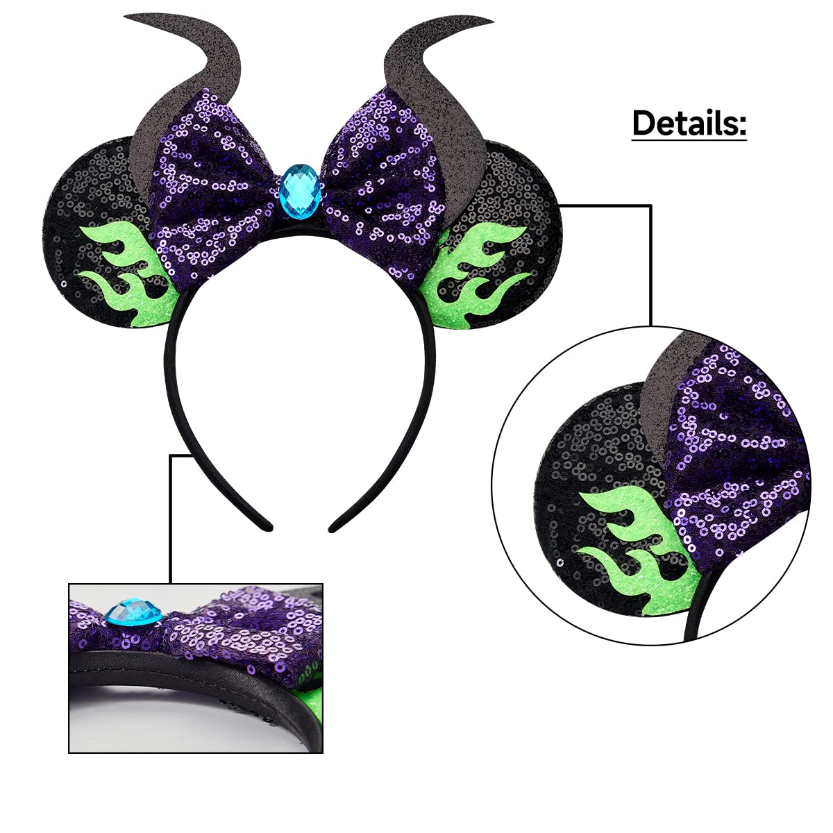 RAZKO Mouse Ears Headband – Sequin Maleficent Design, Satin-Covered Comfort