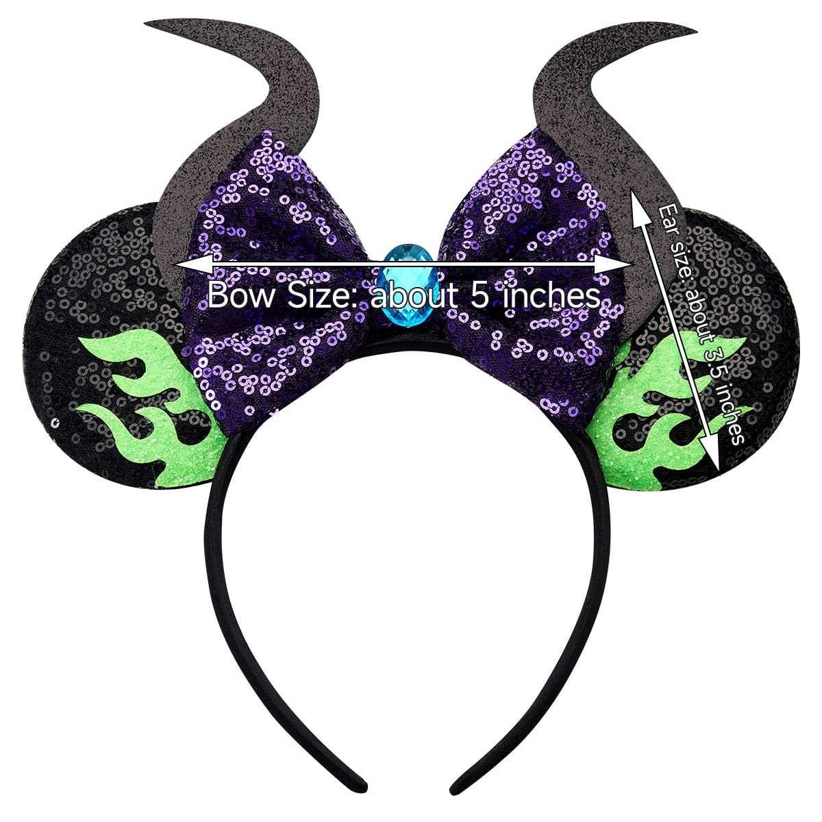 RAZKO Mouse Ears Headband – Sequin Maleficent Design, Satin-Covered Comfort