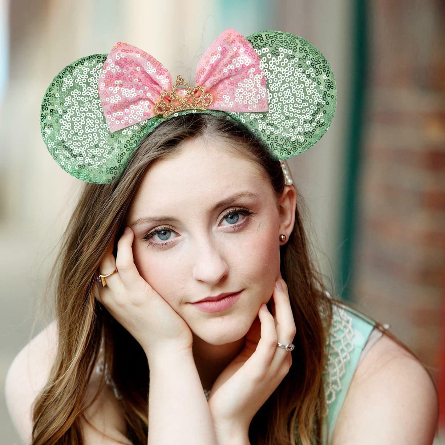 RAZKO Mouse Ears Headband – Sequin Green, Satin Comfort, Unisex (Green Crown L)