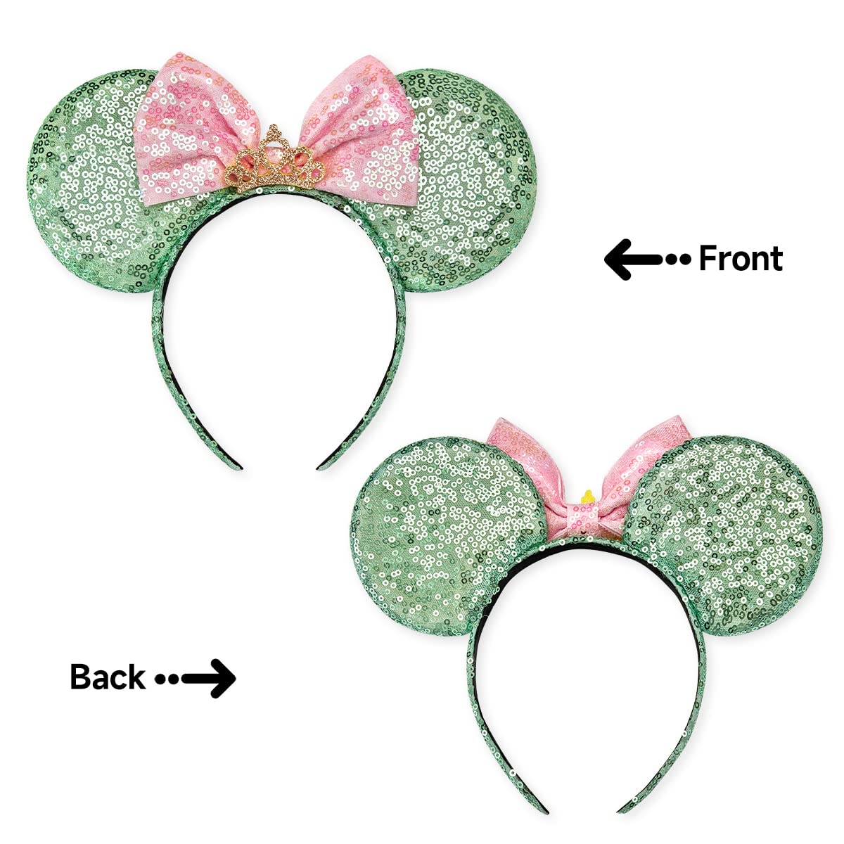 RAZKO Mouse Ears Headband – Sequin Green, Satin Comfort, Unisex (Green Crown L)