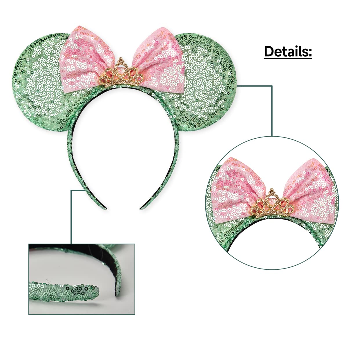 RAZKO Mouse Ears Headband – Sequin Green, Satin Comfort, Unisex (Green Crown L)