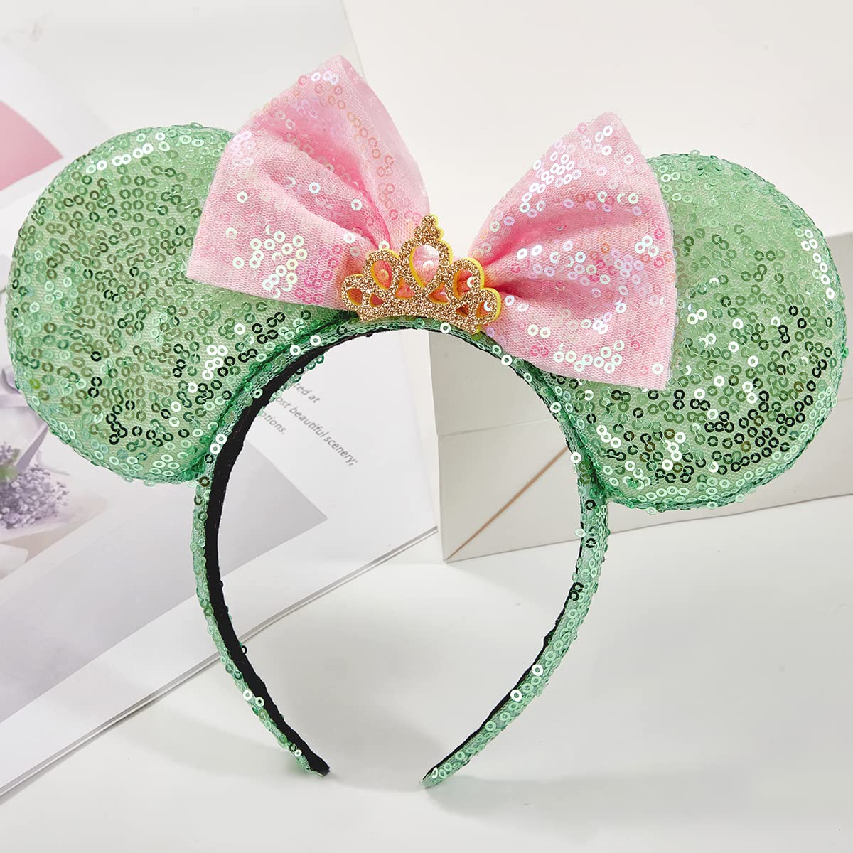 RAZKO Mouse Ears Headband – Sequin Green, Satin Comfort, Unisex (Green Crown L)
