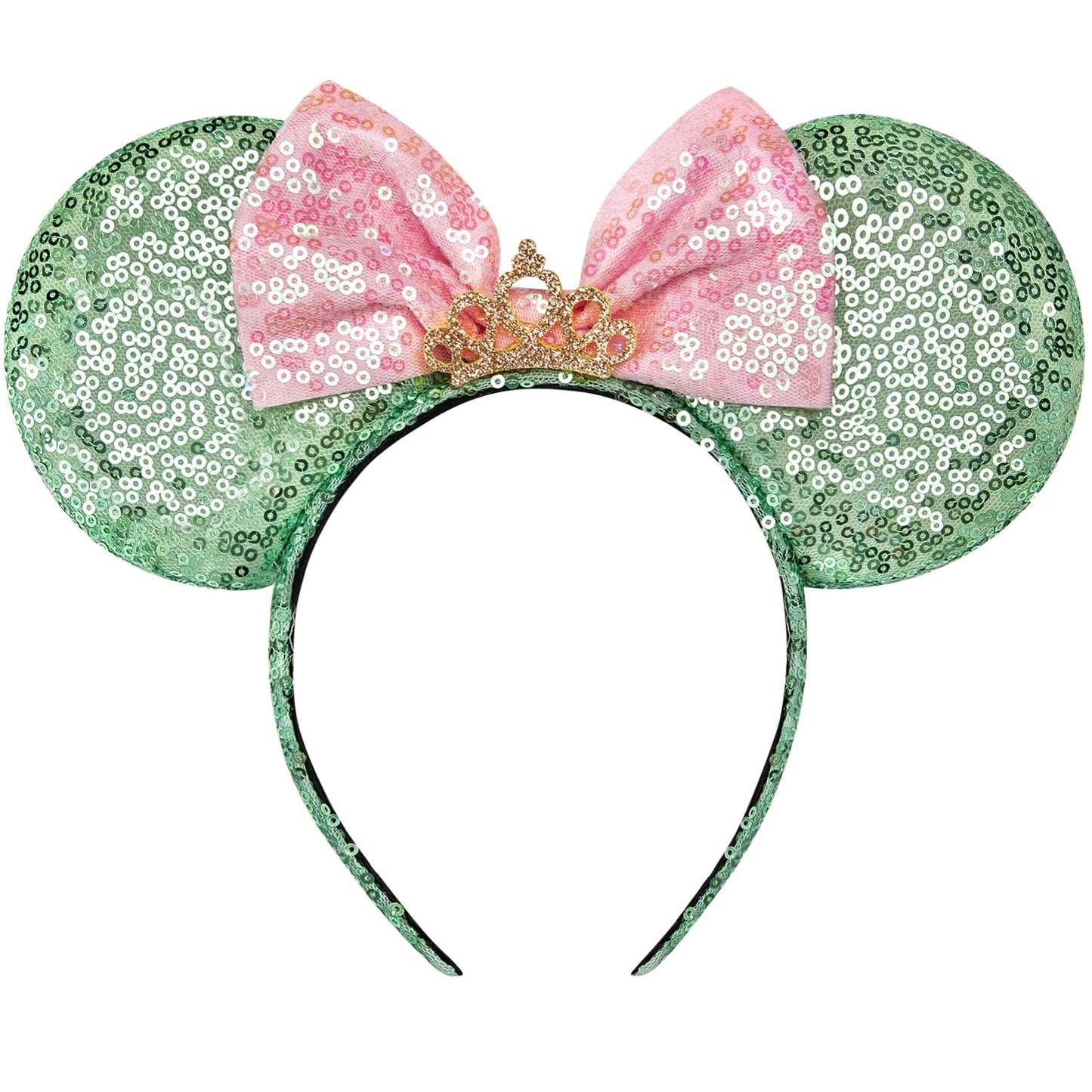 RAZKO Mouse Ears Headband – Sequin Green, Satin Comfort, Unisex (Green Crown L)