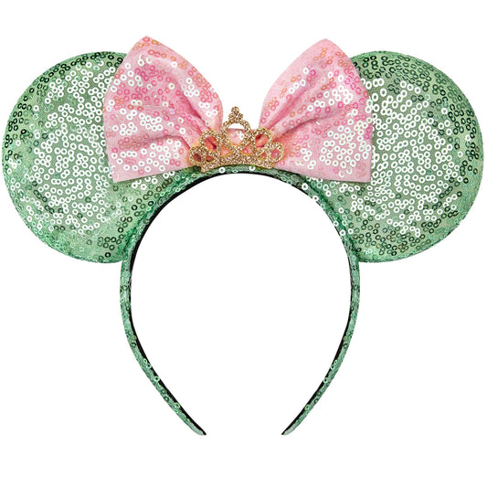 RAZKO Mouse Ears Headband – Sequin Green, Satin Comfort, Unisex (Green Crown L)