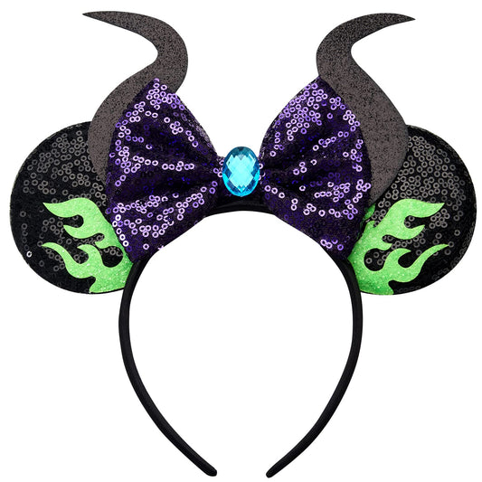 RAZKO Mouse Ears Headband – Sequin Maleficent Design, Satin-Covered Comfort