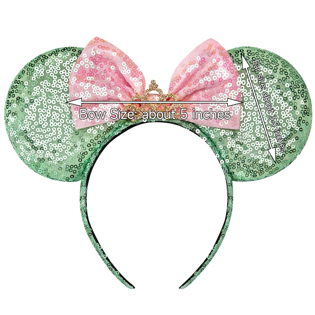 RAZKO Mouse Ears Headband – Sequin Green, Satin Comfort, Unisex (Green Crown L)