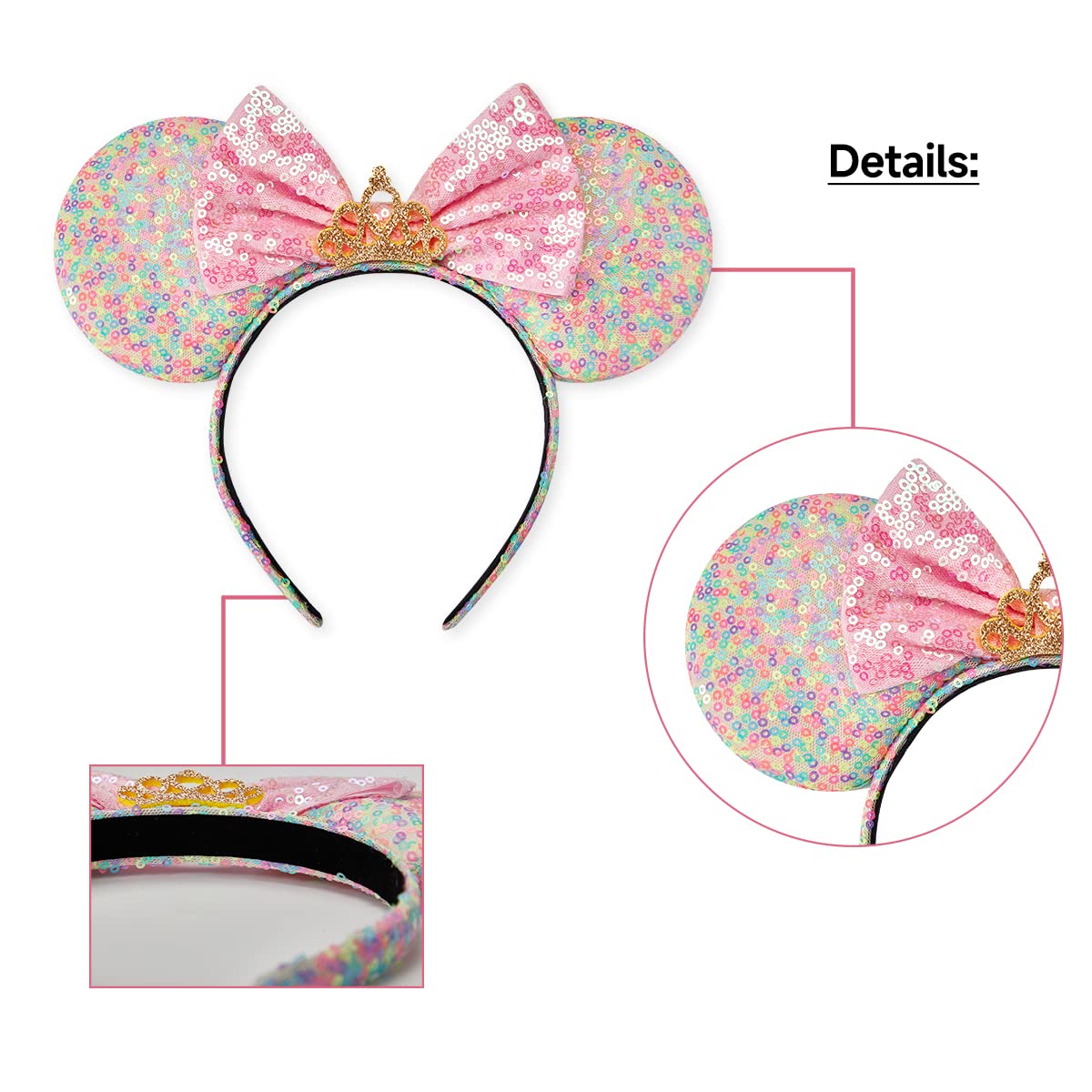 RAZKO Sequin Mouse Ears Headband – Rainbow Iridescent Mice Ears for Women & Kids