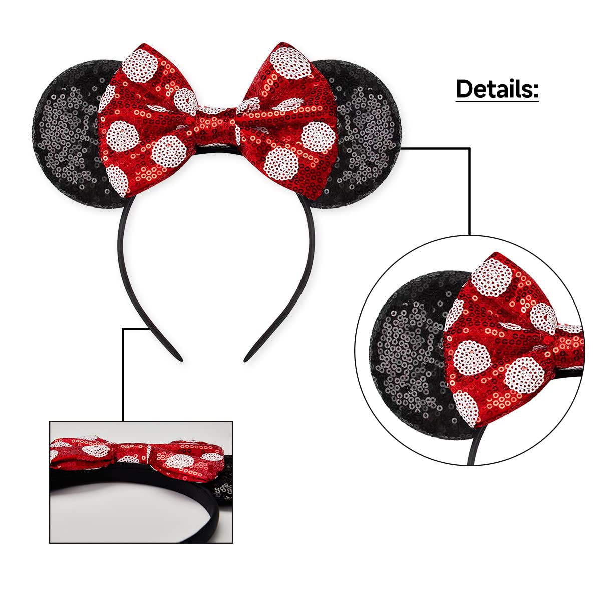 RAZKO Sequin Mouse Ears Headband – Red Polka Dot for Women & Girls