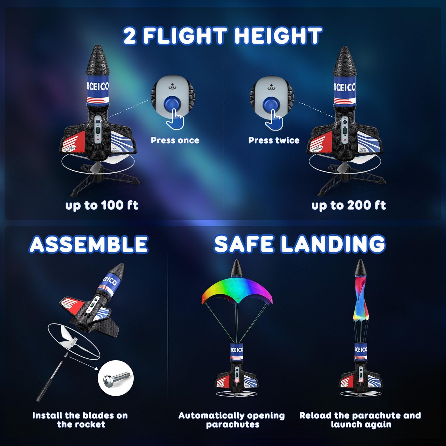 Rceico Rocket Launcher: 200 ft Altitude, Night Lights, 3S Delay | Outdoor Toy for 8–13