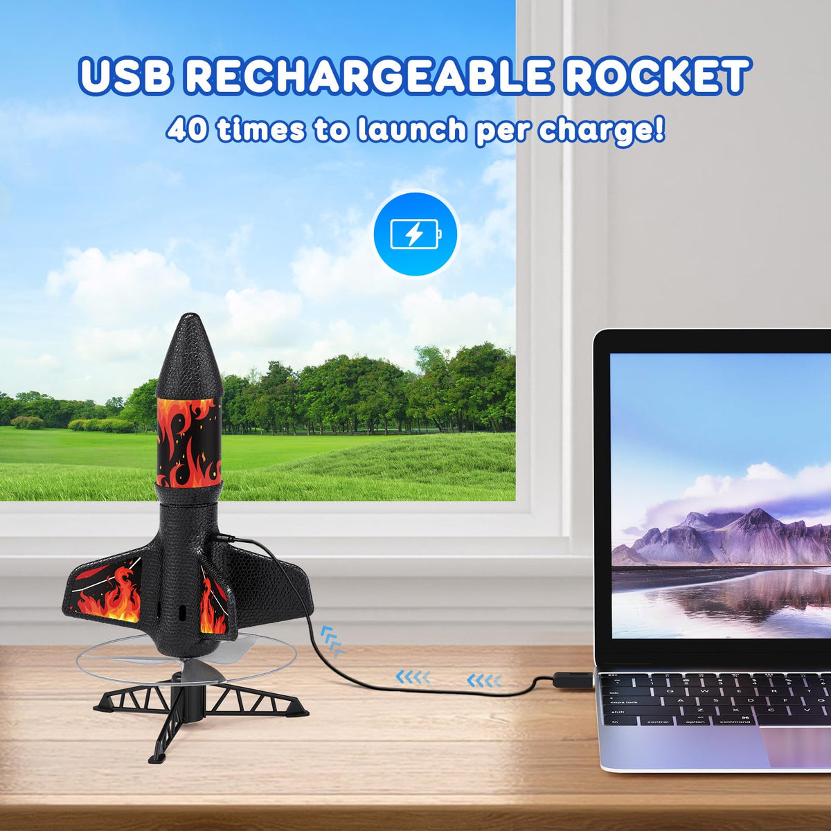 Rceico Rocket Launcher – Up to 170 ft Altitude Outdoor Rocket Kit with Night Lights, Rechargeable Launch Set for Kids 8-12