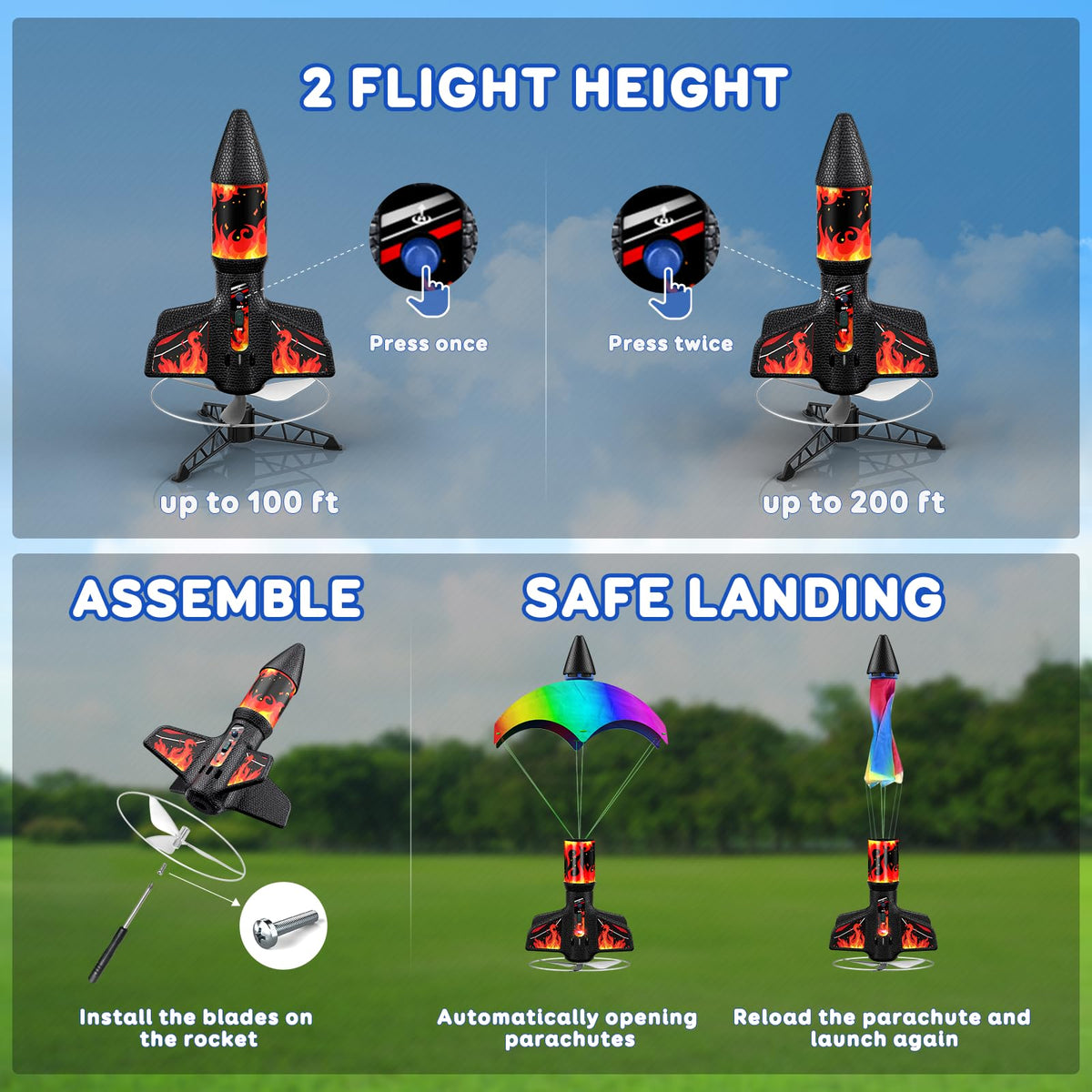 Rceico Rocket Launcher – Up to 170 ft Altitude Outdoor Rocket Kit with Night Lights, Rechargeable Launch Set for Kids 8-12