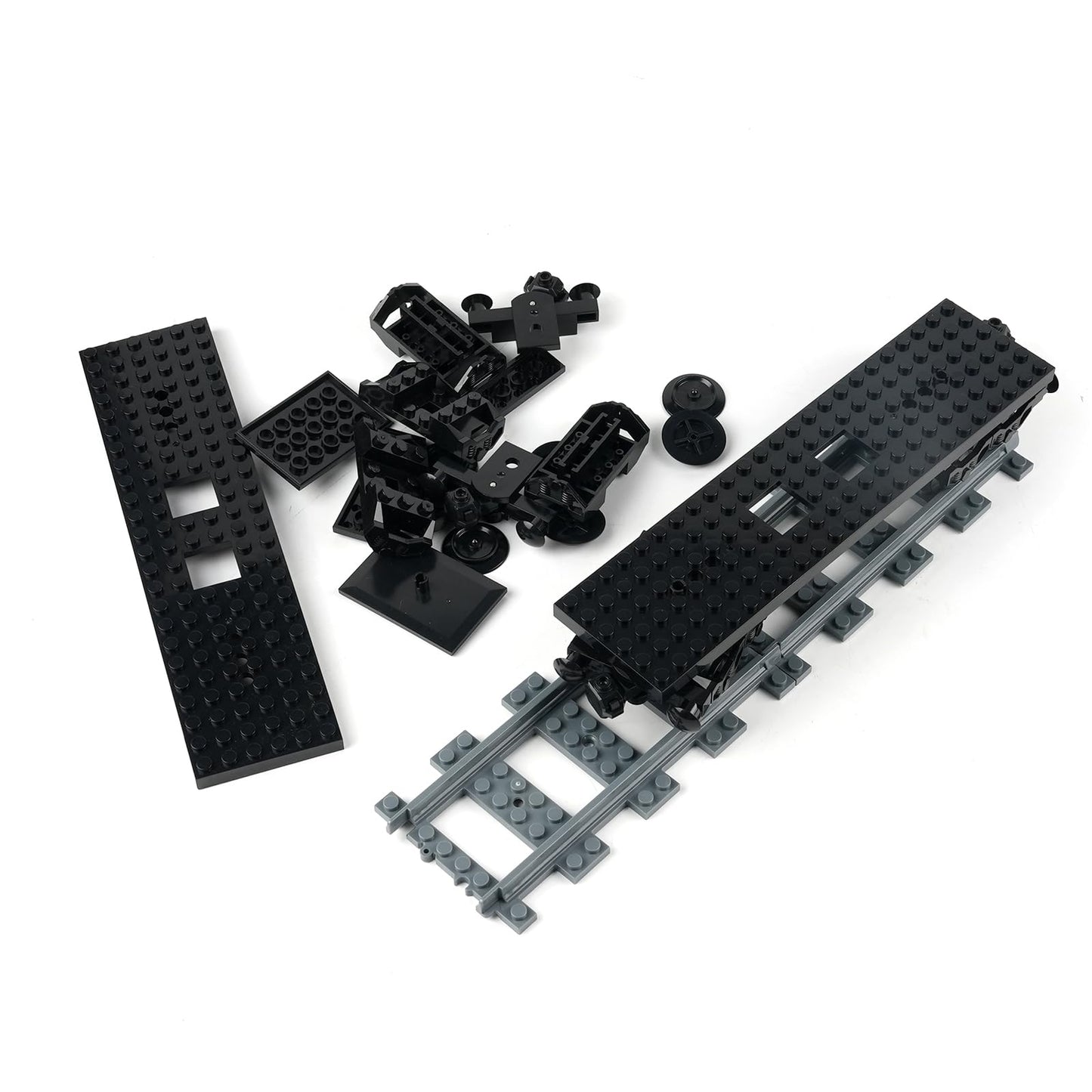 RCmall MOC City Creative Building Set – Train Base Wheels, Low-Loader Truck & Railway Tracks DIY Kit (2 PCS)