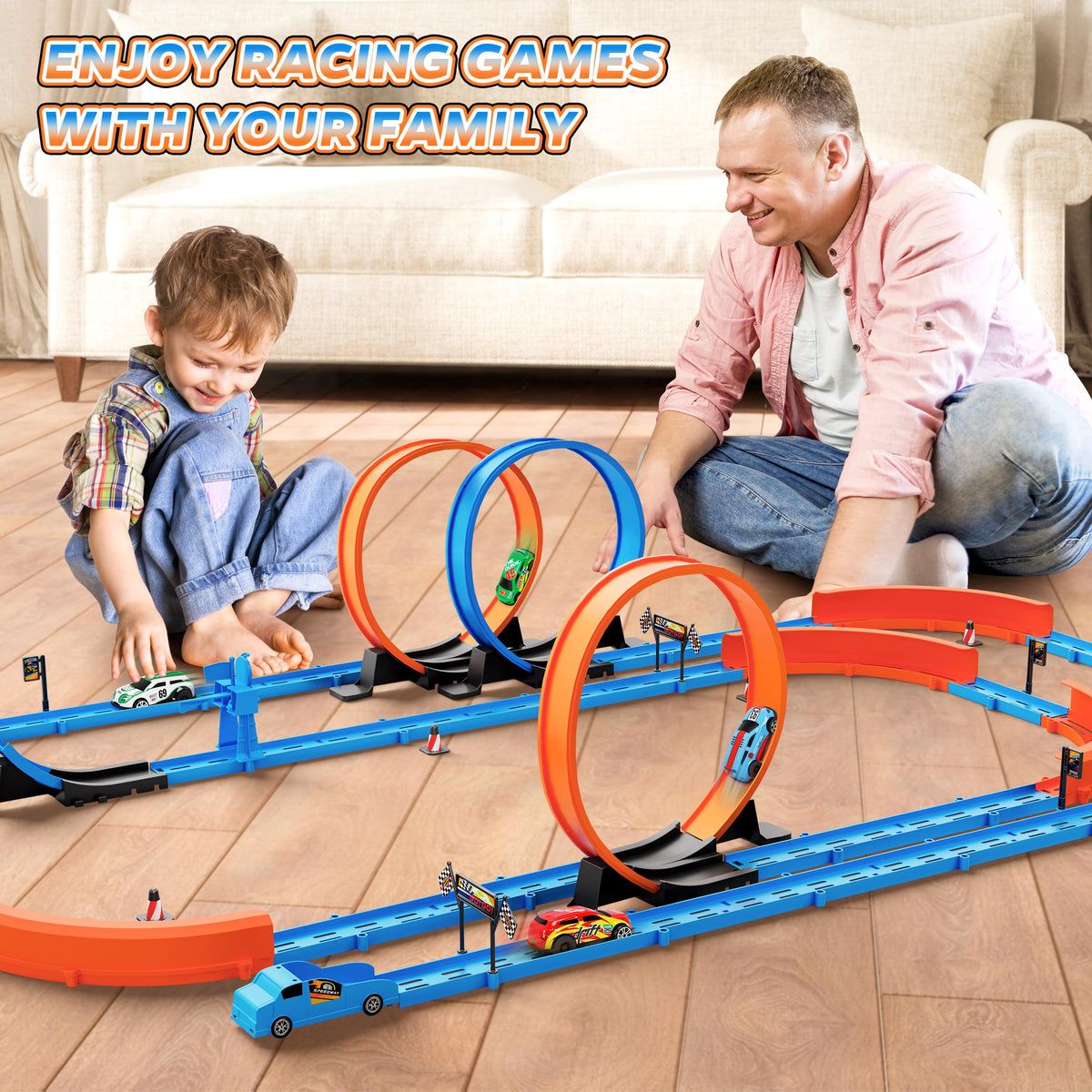 Rcovasc Slot Car Race Track Sets – 360° Loops, 4 Cars, 64-Piece Flexible Track