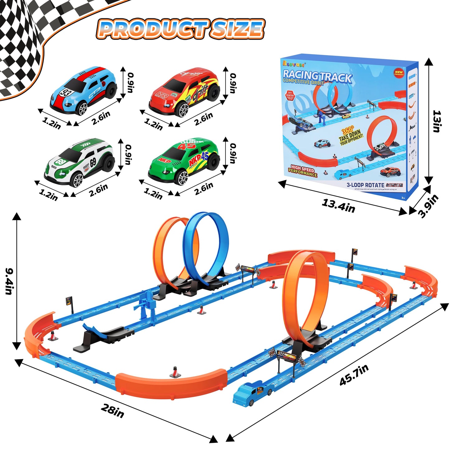 Rcovasc Slot Car Race Track Sets – 360° Loops, 4 Cars, 64-Piece Flexible Track