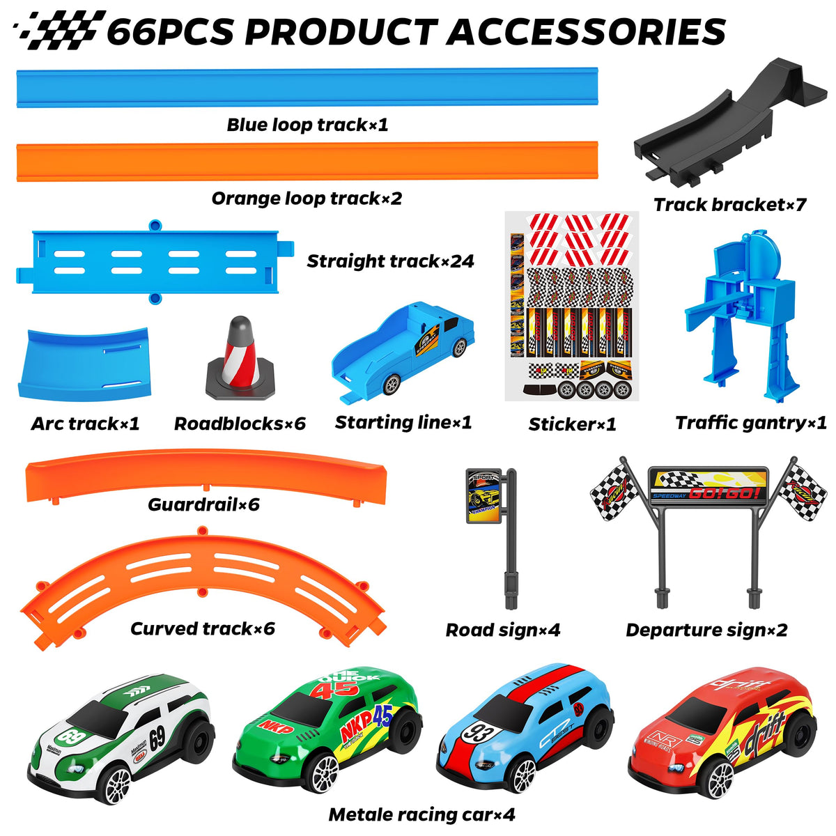 Rcovasc Slot Car Race Track Sets – 360° Loops, 4 Cars, 64-Piece Flexible Track