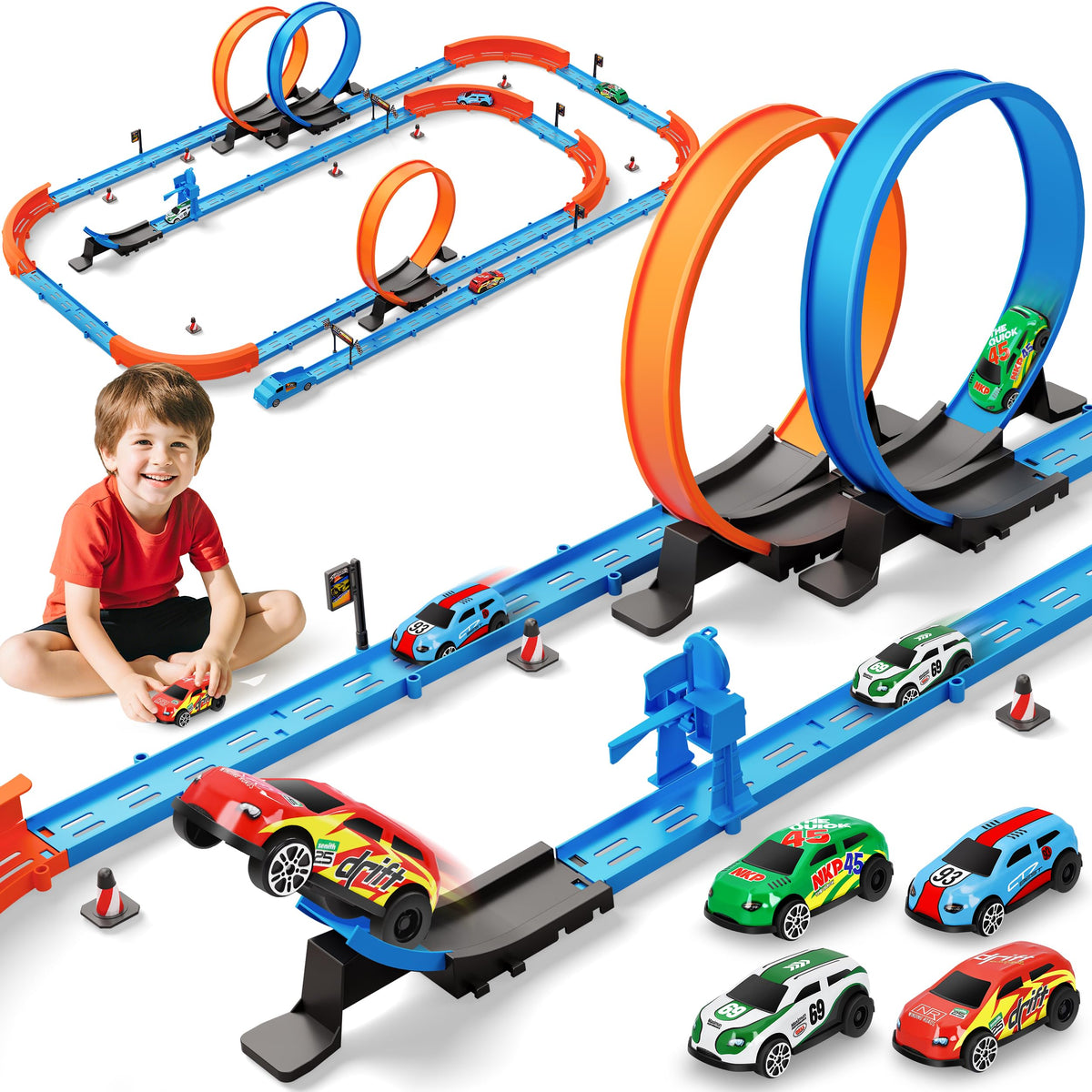 Rcovasc Slot Car Race Track Sets – 360° Loops, 4 Cars, 64-Piece Flexible Track