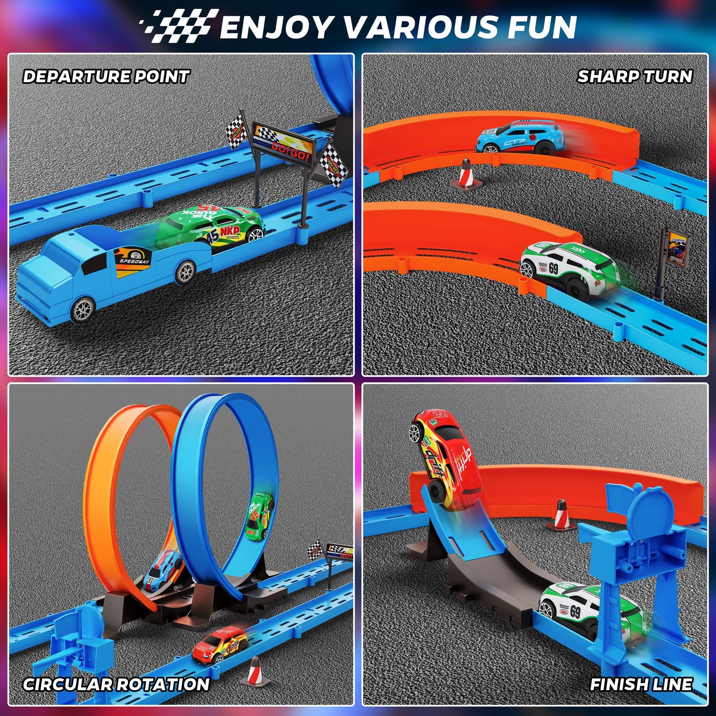 Rcovasc Slot Car Race Track Sets – 360° Loops, 4 Cars, 64-Piece Flexible Track