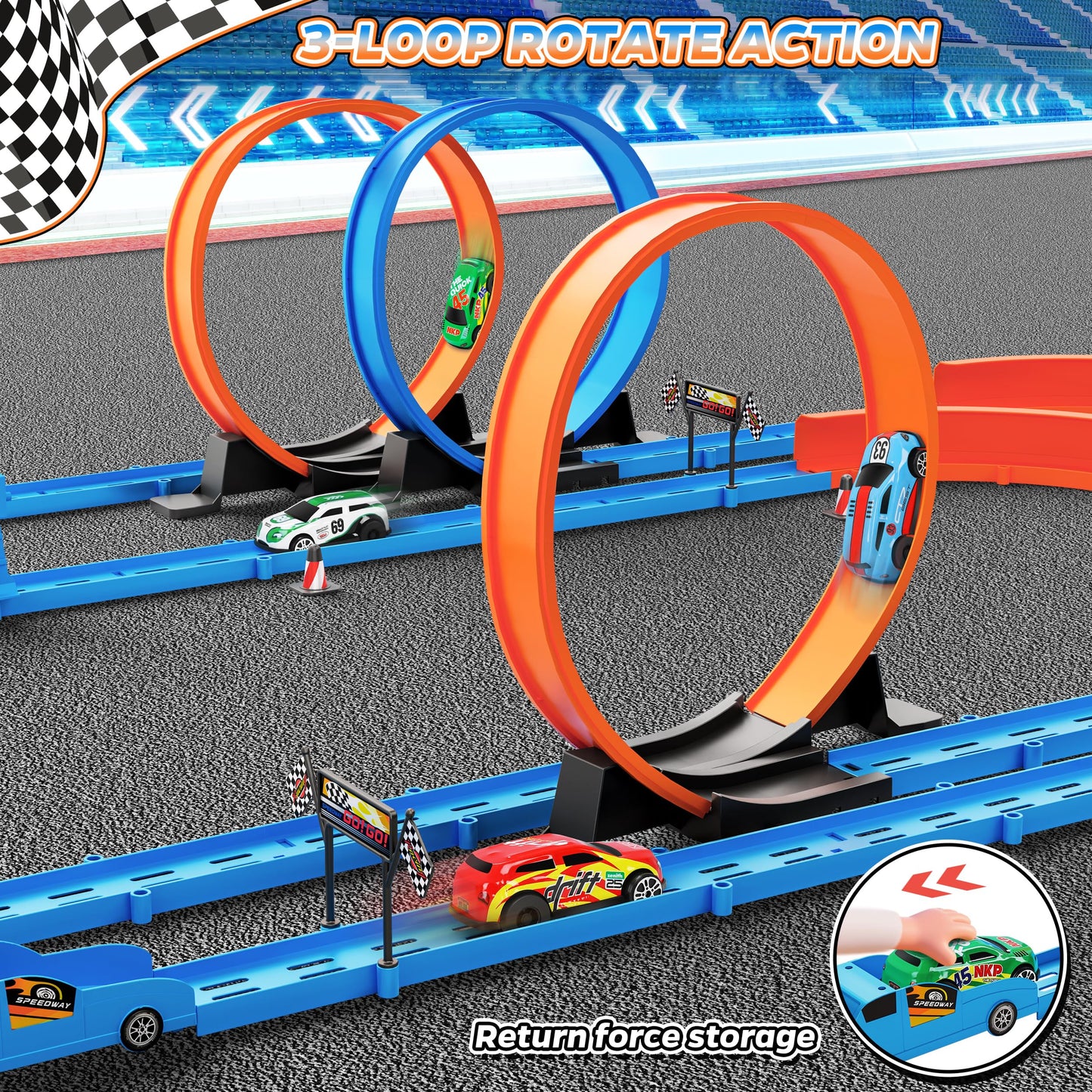 Rcovasc Slot Car Race Track Sets – 360° Loops, 4 Cars, 64-Piece Flexible Track