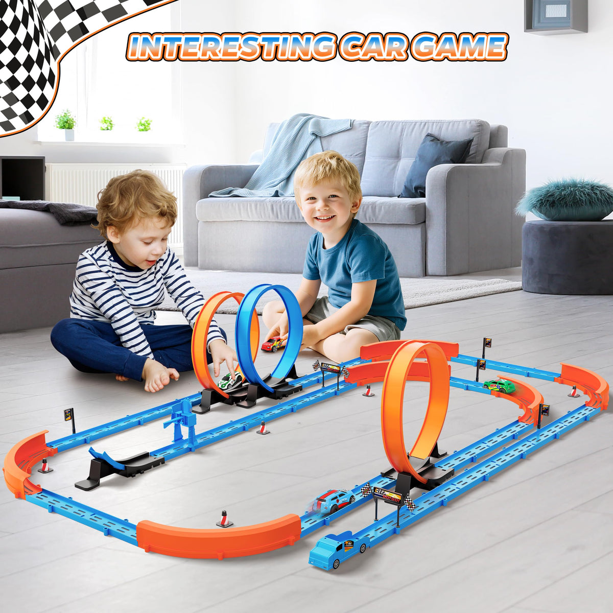 Rcovasc Slot Car Race Track Sets – 360° Loops, 4 Cars, 64-Piece Flexible Track