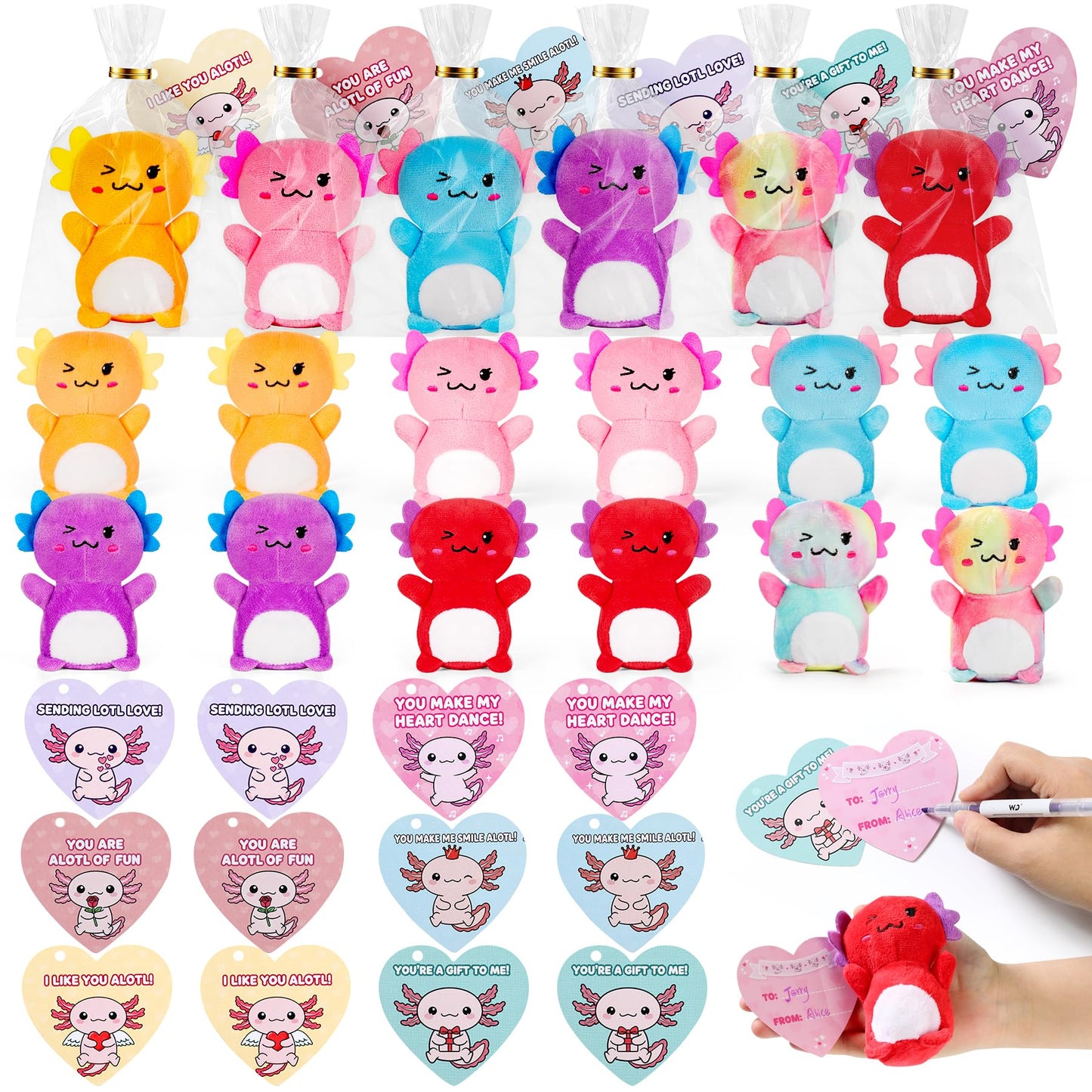 Rdogeia 12Pcs Valentines Day Axolotl Plush Toys for Kids – Cards & Mini Plush Set