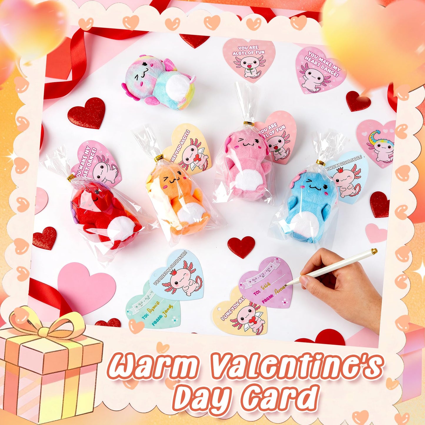 Rdogeia 12Pcs Valentines Day Axolotl Plush Toys for Kids – Cards & Mini Plush Set