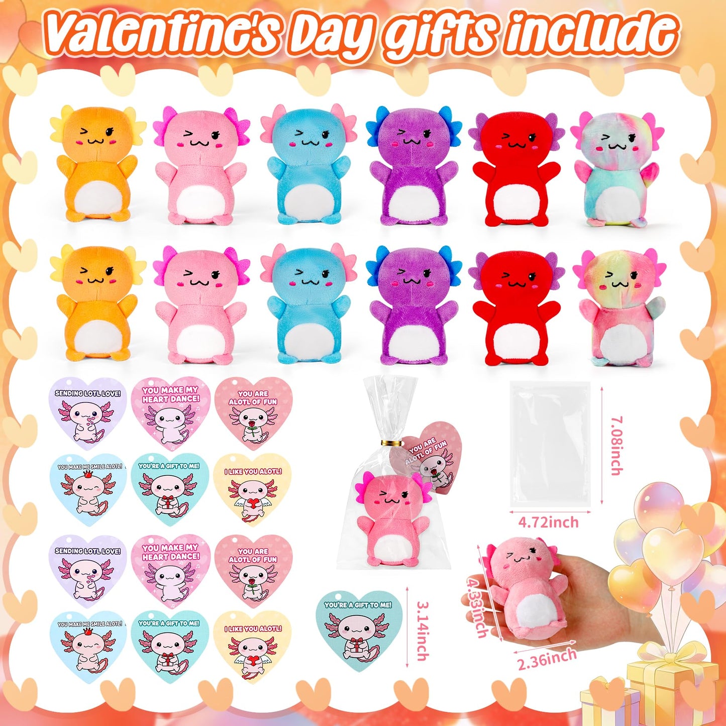 Rdogeia 12Pcs Valentines Day Axolotl Plush Toys for Kids – Cards & Mini Plush Set